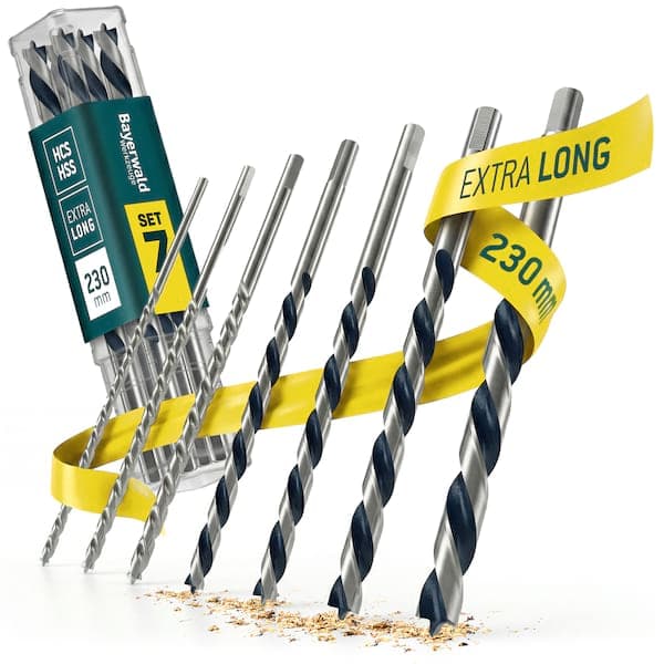 Profi Holzbohrer Set Überlänge 230 mm - 7‑tlg. 4-12 mm - Bayerwald Werkzeuge - HSS & HCS Holzspiralbohrer für präzise, ausrissfreie Bohrungen