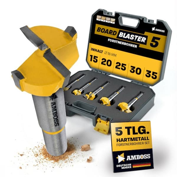Forstnerbohrer Set 5‑tlg - Amboss Werkzeuge BOARDBLASTER Hartmetall Holzbohrer 15 / 20 / 25 / 30 / 35 mm