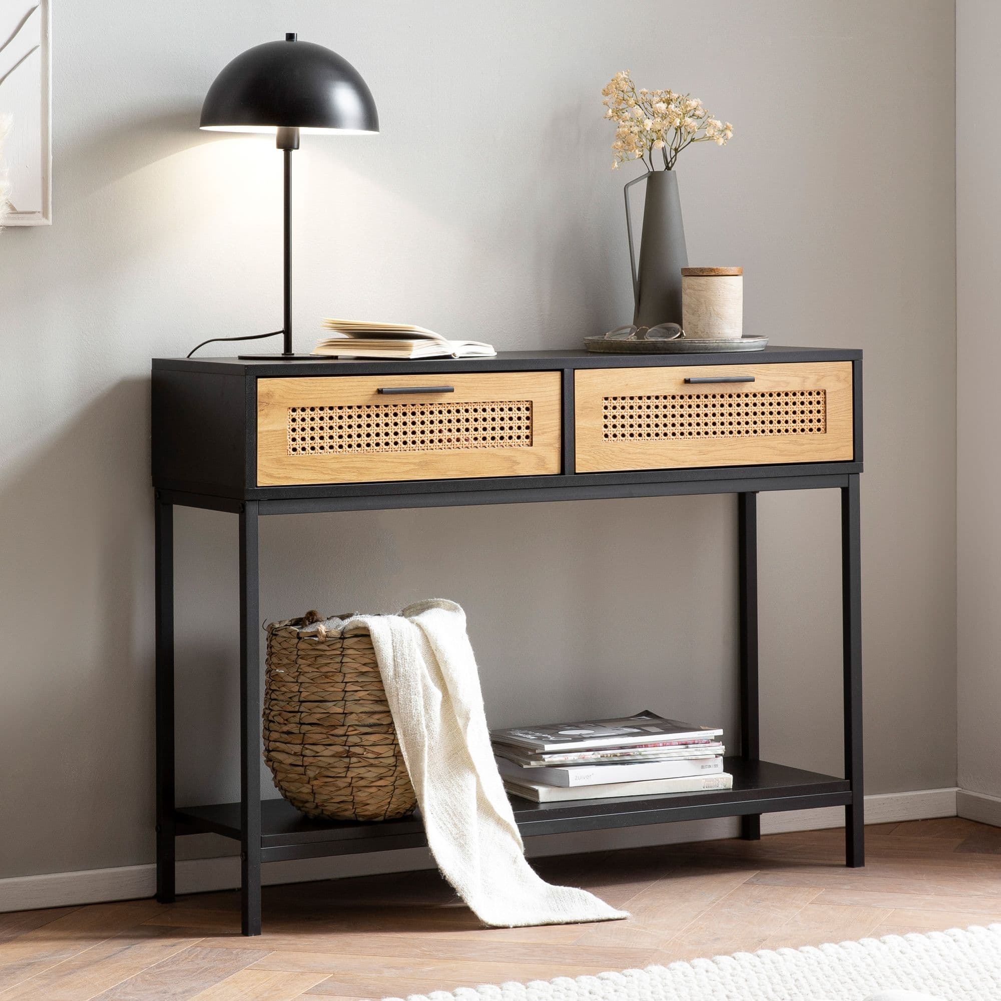 FineBuy Konsolentisch Schwarz 100x30x75 cm Design Anrichte Flur, Ablagetisch Schmal mit Wiener Geflecht, Flurtisch mit Schubladen und Ablage, Dielentisch Lang Hoch Rattan