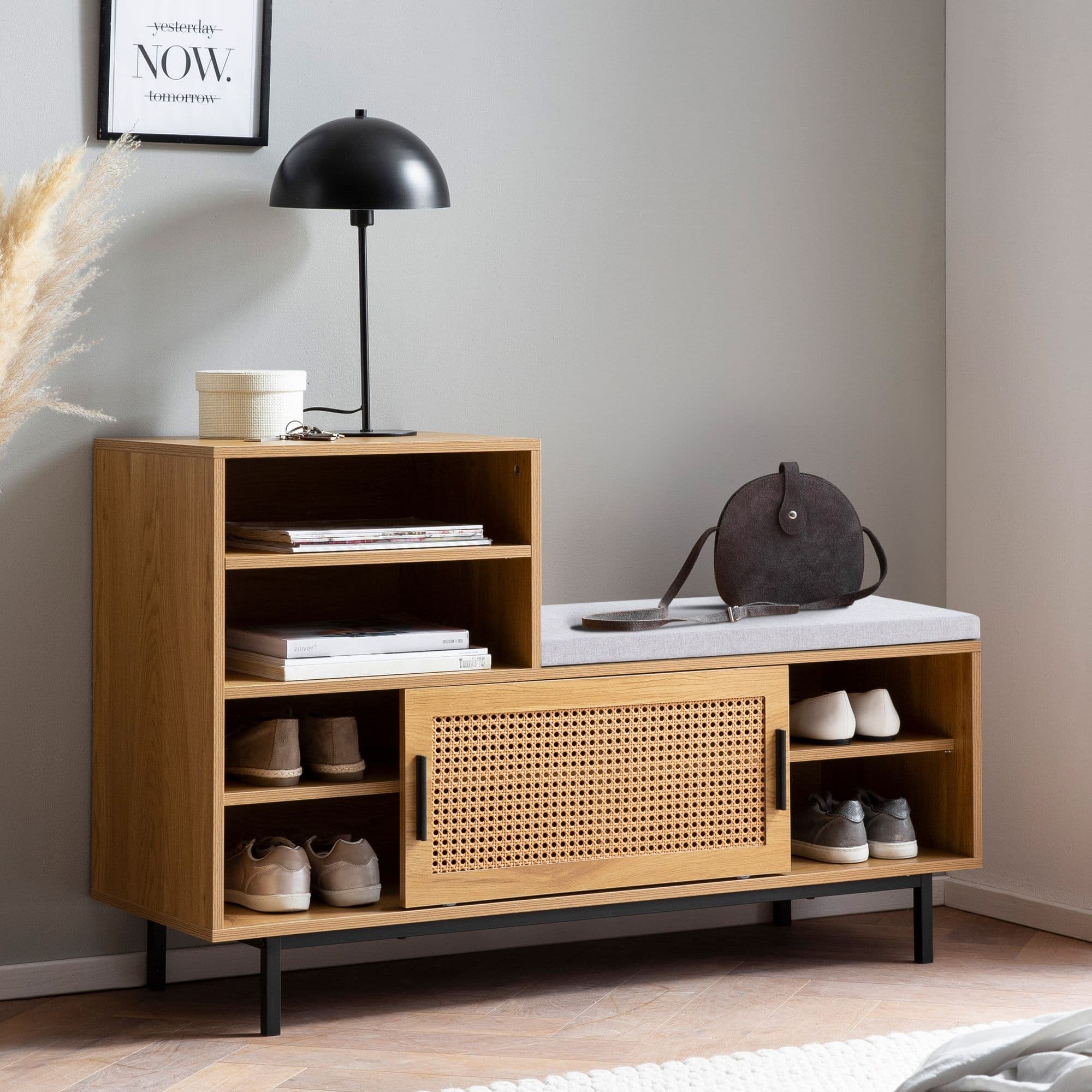 FineBuy Schuhbank mit Sitzfläche 120x75,5x40 cm Garderobenbank Eiche-Dekor, Sitzbank Rattan Klein Gepolstert, Bank Schmal Flur mit Stauraum, Flurbank Wiener Geflecht, Flurmöbel mit Schiebetür