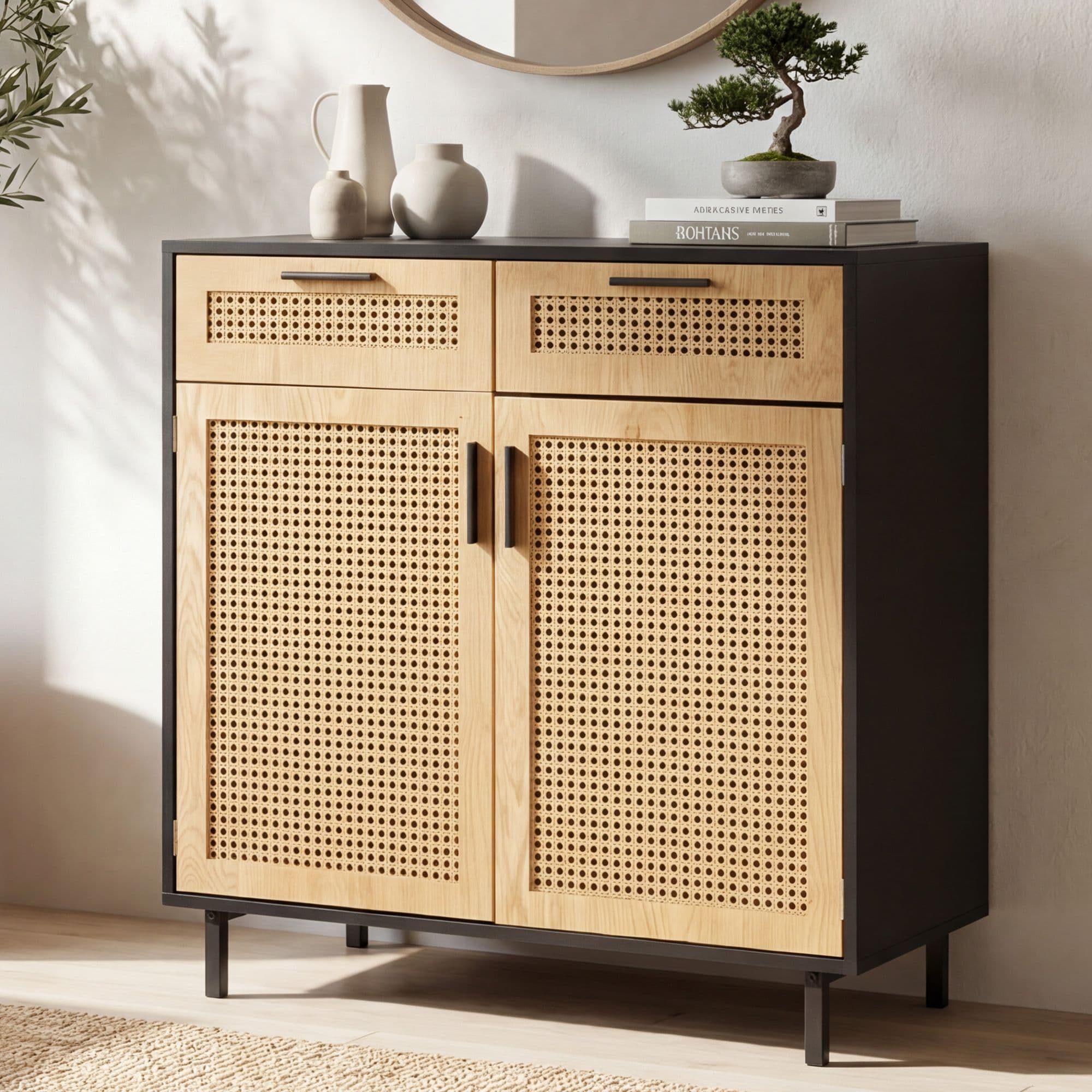 FineBuy Sideboard 80x86,5x40 cm Kommode Schwarz mit Wiener Geflecht, Hoher Kommodenschrank Zeitlos, Standschrank Wohnzimmer mit 2 Türen und Schubladen, Anrichte Rattan