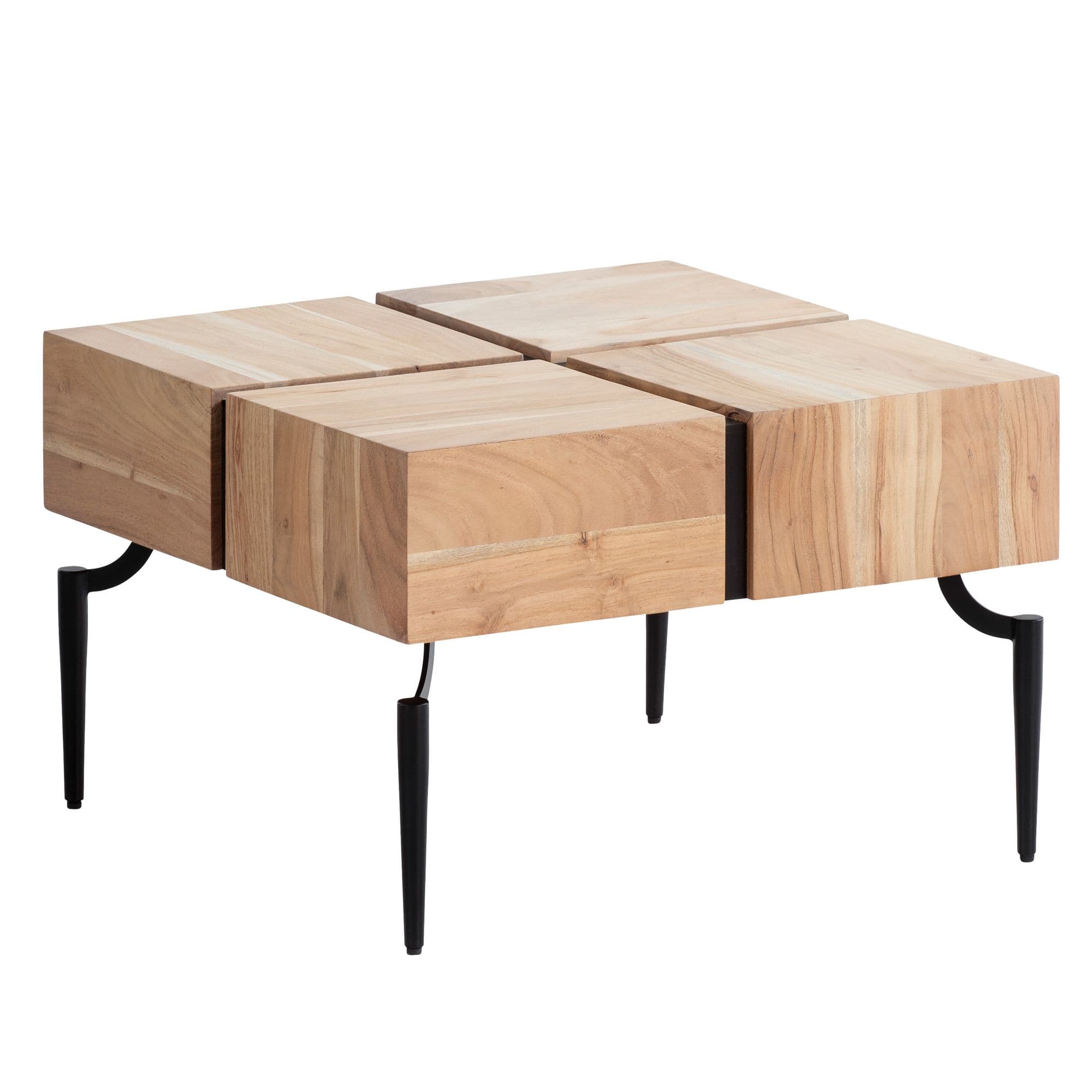 FineBuy Couchtisch Akazie Massivholz quadratisch 60x60 cm · moderner Wohnzimmertisch 4 Blocks · Design Tisch mit Metallbeinen im Industrial Cube Stil