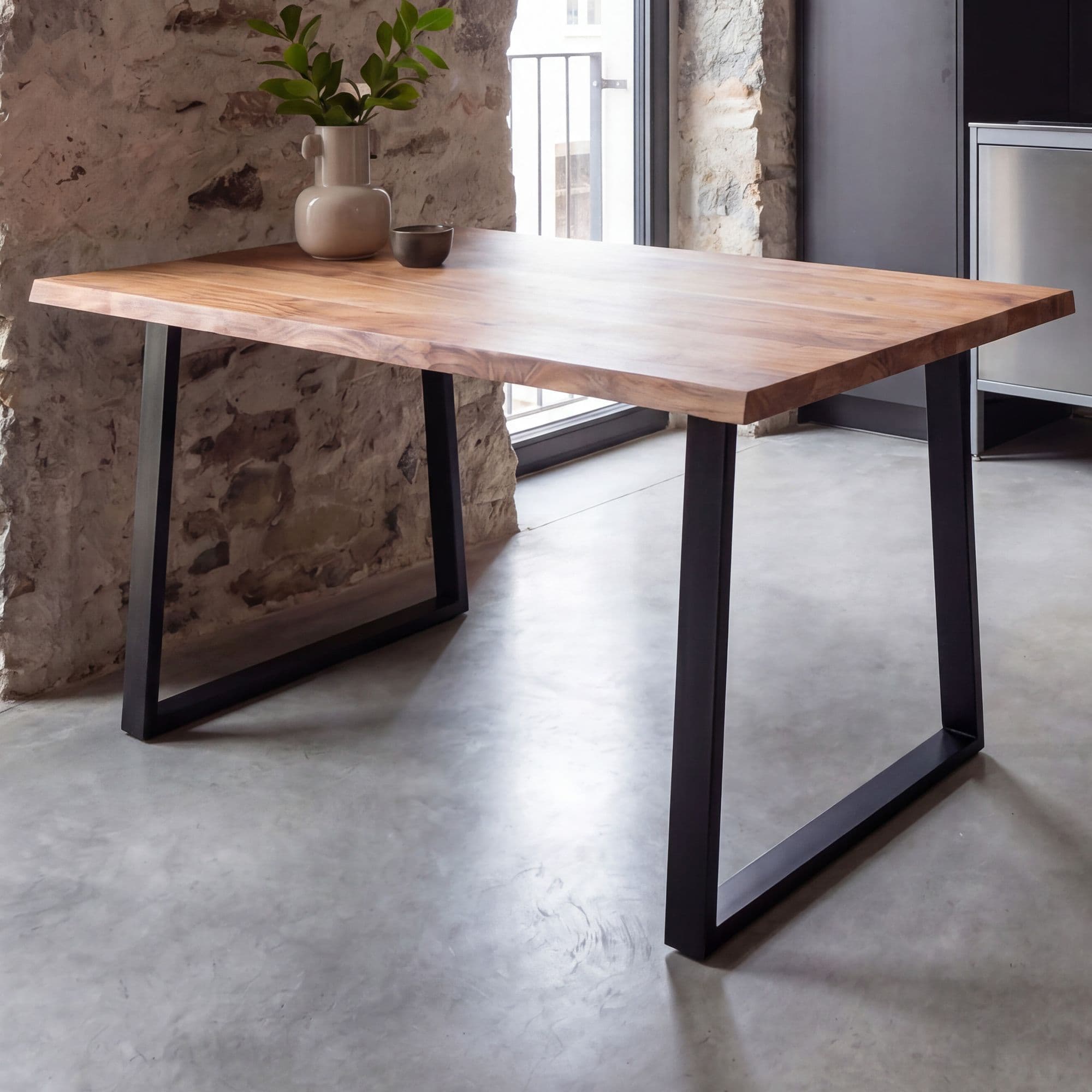 FineBuy Esszimmertisch 120cm rechteckig Massivholz Akazie Baumkante - Industrial Esstisch Baumstamm Massiv Echtholz - Küchentisch - Baumkantentisch mit schwarzem Kufengestell