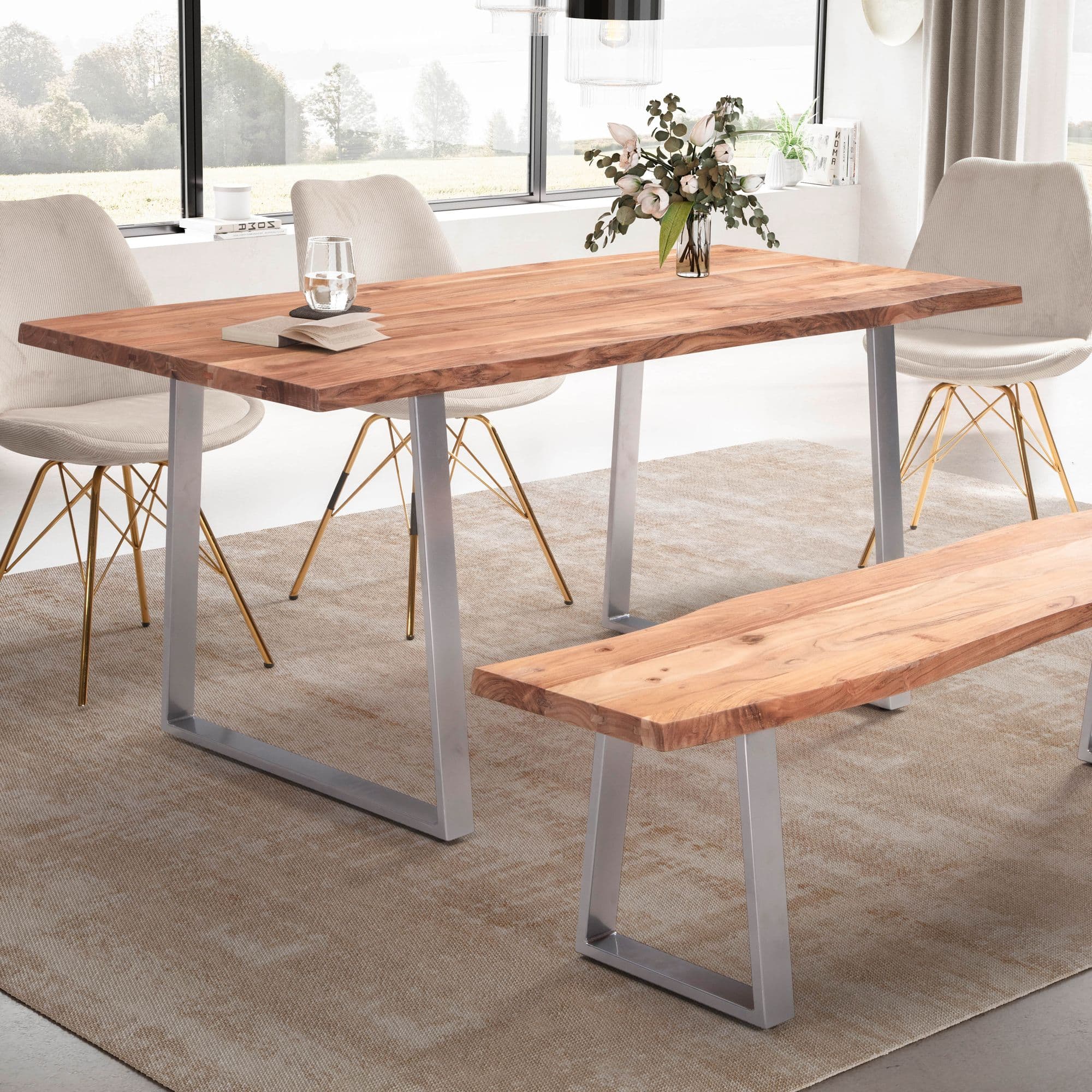 FineBuy Esszimmertisch 120cm rechteckig Massivholz Akazie Baumkante - Industrial Esstisch Baumstamm Massiv Echtholz - Küchentisch - Baumkantentisch mit silbernem Kufengestell