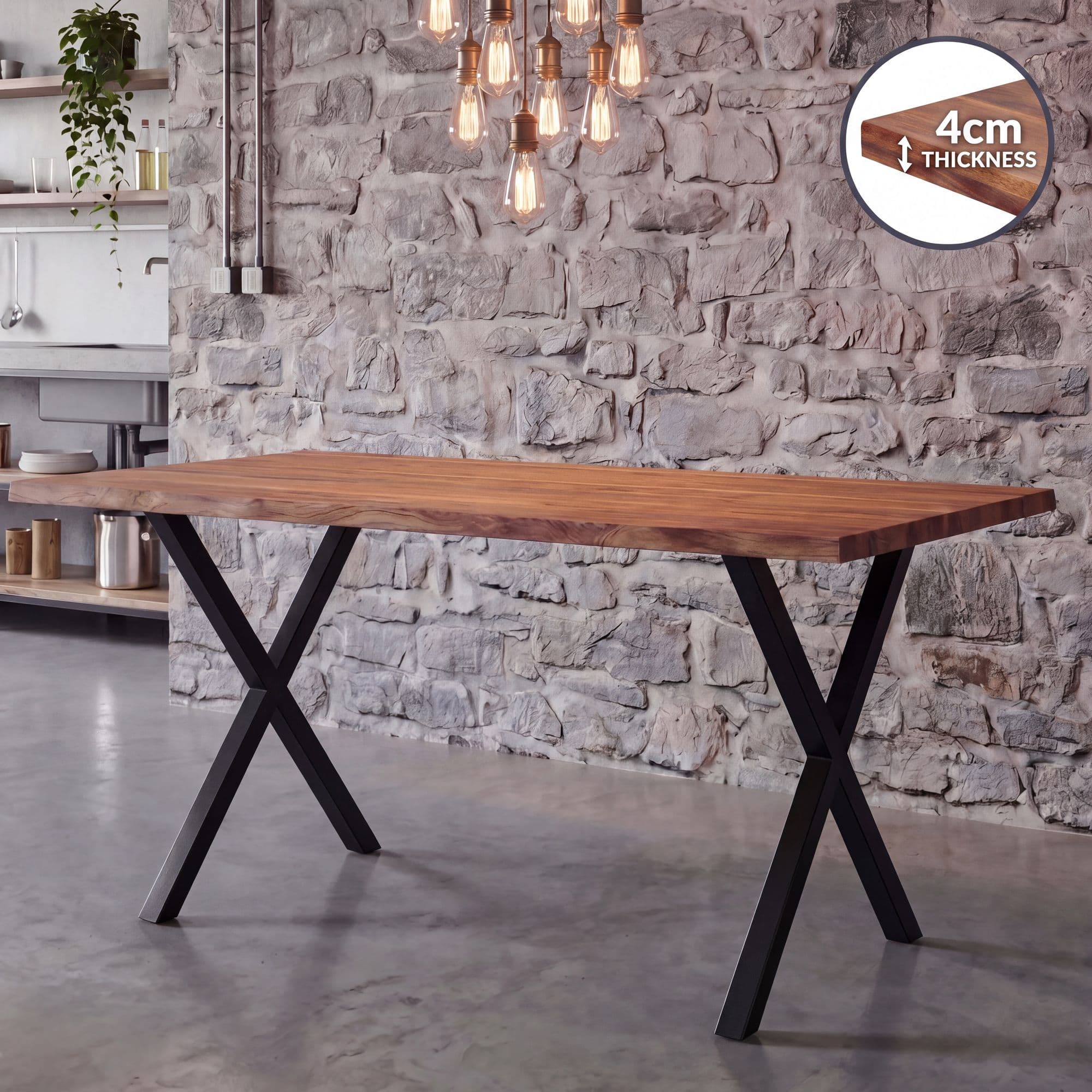 FineBuy Esszimmertisch 120 x 60cm rechteckig Massivholz Akazie 4cm Baumkante - Industrial Esstisch Baumstamm Massiv Echtholz - Küchentisch - Baumkantentisch mit schwarzem X-Gestell