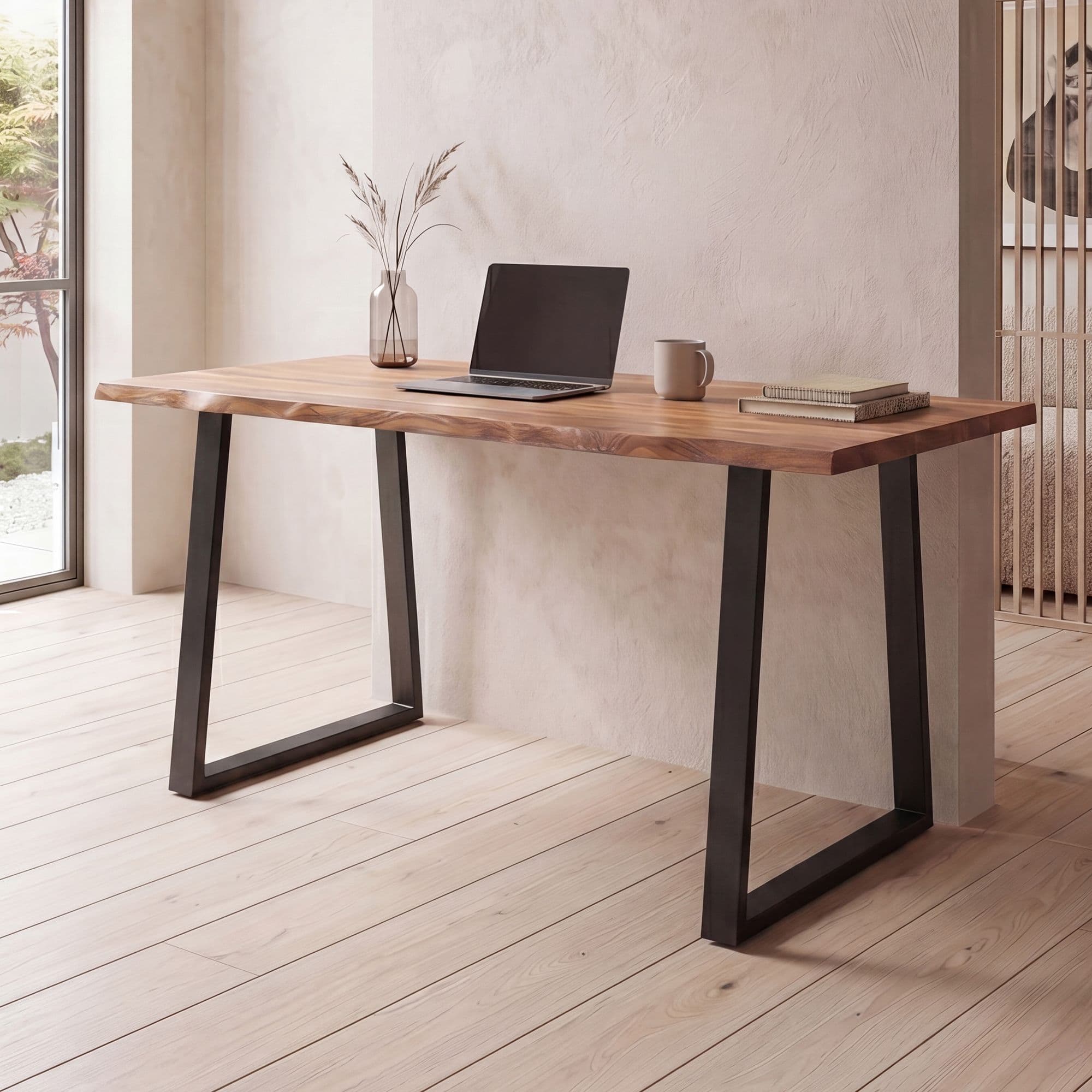 FineBuy Schreibtisch 120x60x76 cm Akazie Massivholz / Metall Computertisch Baumkante, Homeoffice Bürotisch Massiv mit Trapezbeinen in Schwarz, Holztisch Laptoptisch Arbeitszimmer