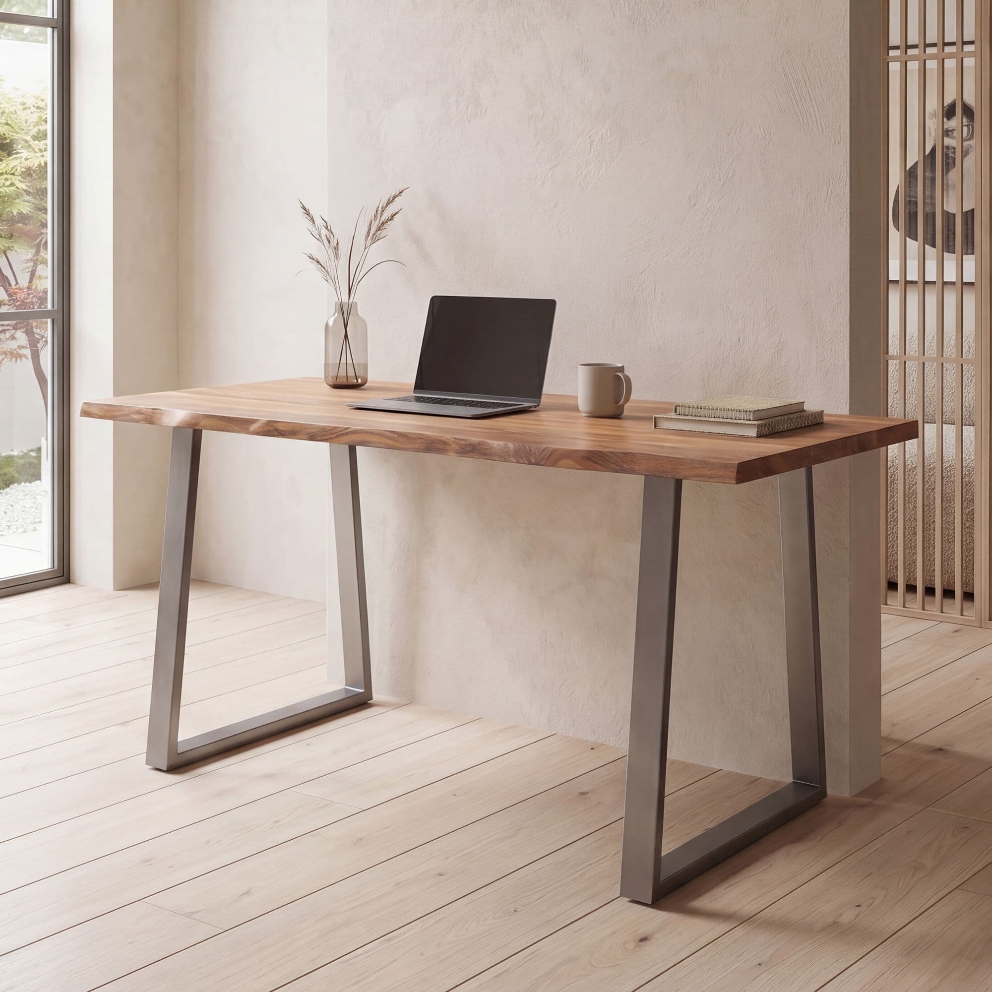 FineBuy Schreibtisch 120x60x76 cm Akazie Massivholz / Metall Computertisch Baumkante, Homeoffice Bürotisch Massiv mit Trapezbeinen in Chrom, Holztisch Laptoptisch Arbeitszimmer