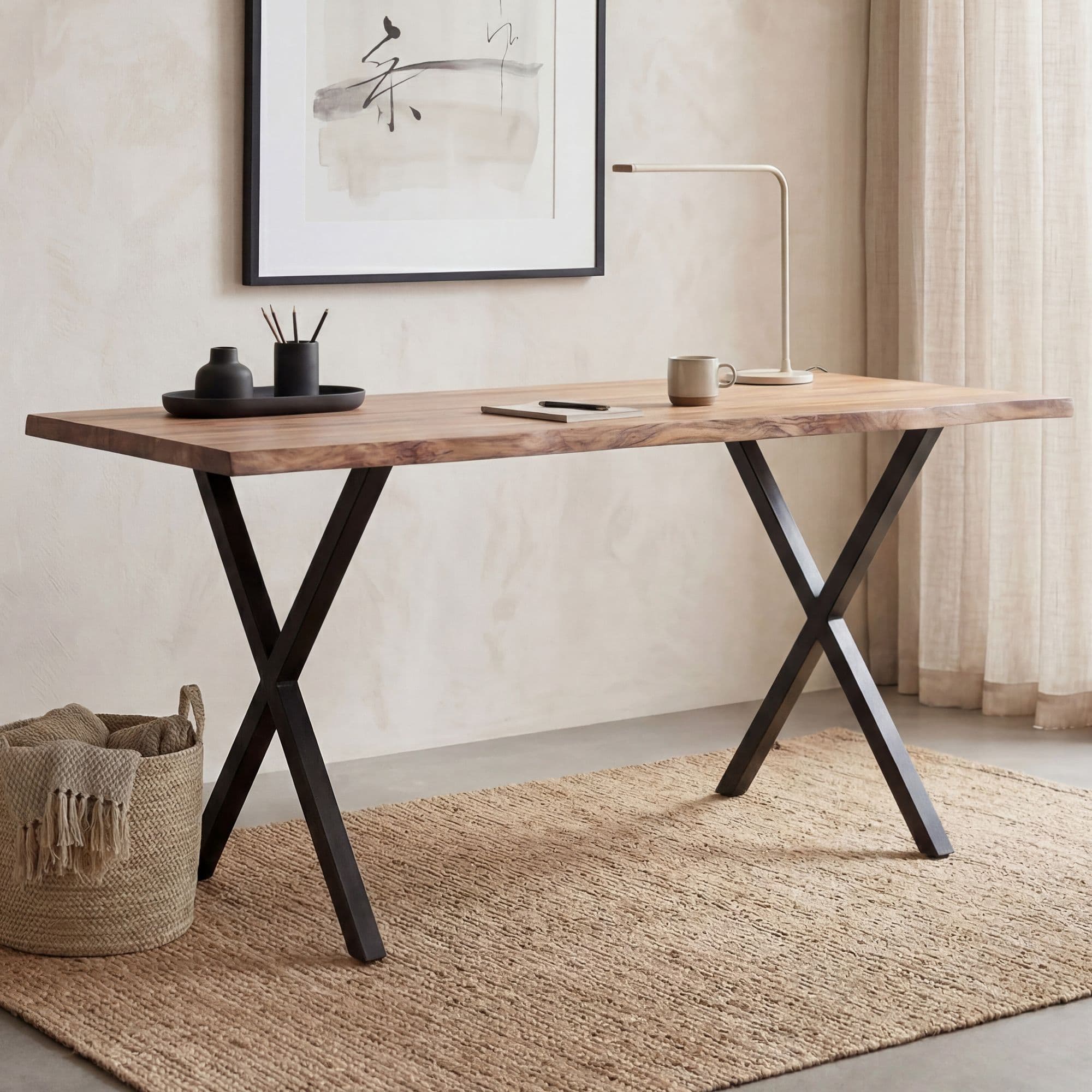 FineBuy Schreibtisch 120x60x76 cm Akazie Massivholz / Metall Computertisch Baumkante, Homeoffice Bürotisch Massiv mit X-Beinen in Schwarz, Holztisch Laptoptisch Arbeitszimmer