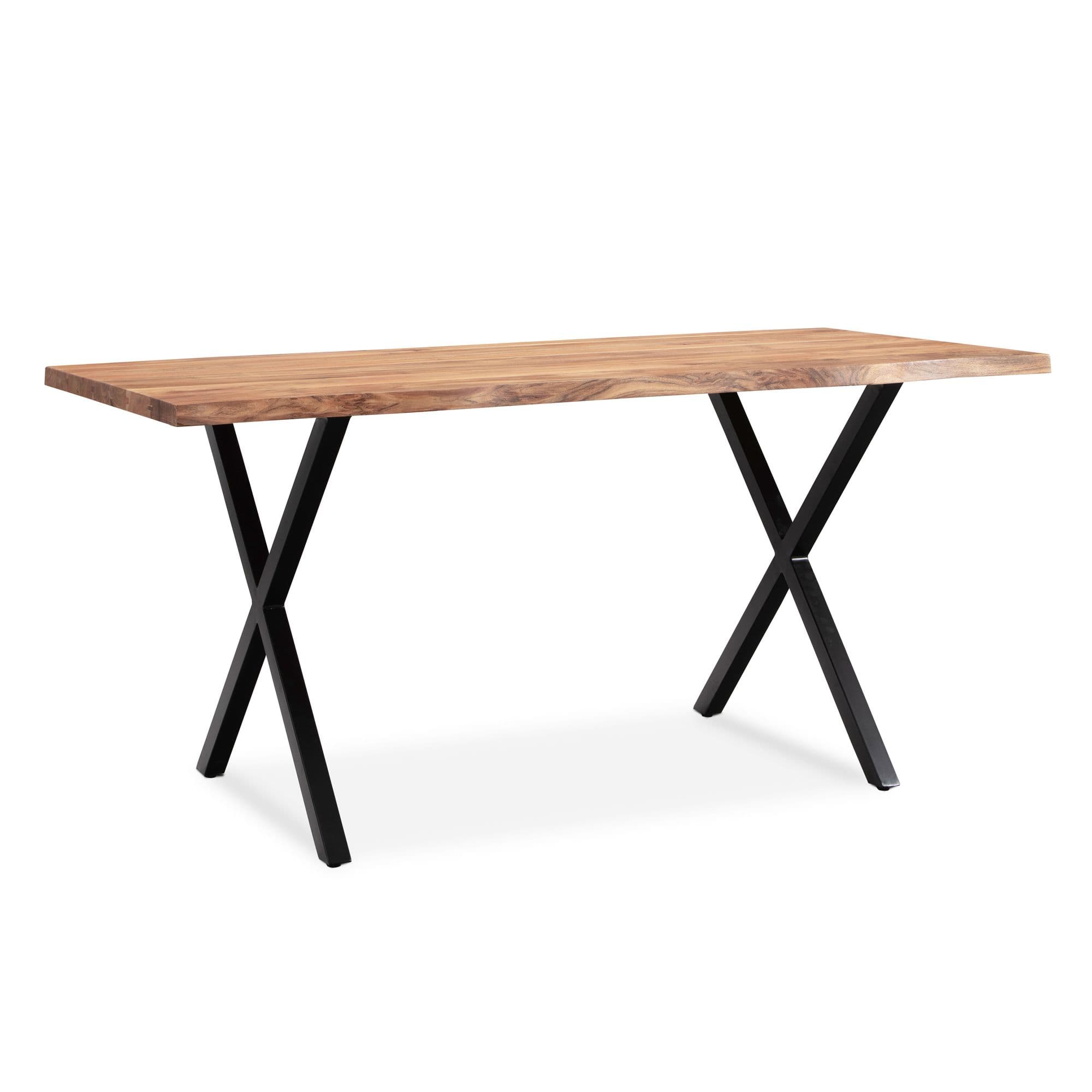 FineBuy Schreibtisch Akazie Massivholz / Metall Computertisch Baumkante, Homeoffice Bürotisch Massiv mit X-Beinen in Schwarz, Holztisch Laptoptisch Arbeitszimmer