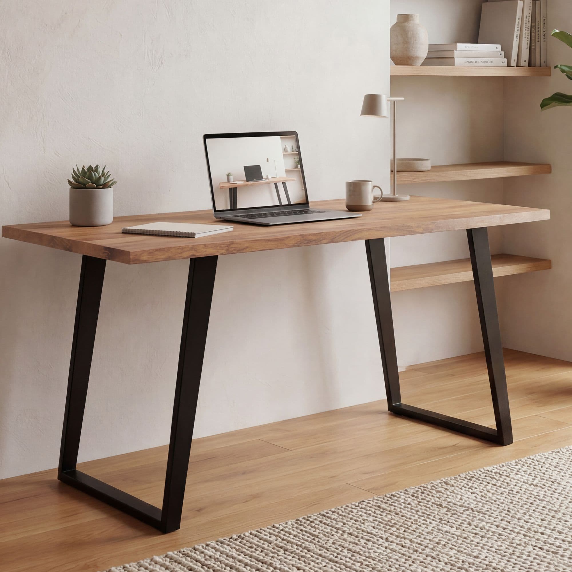 FineBuy Schreibtisch 120x60x76 cm Akazie Massivholz / Metall Computertisch Baumkante, Homeoffice Bürotisch Massiv mit U-Beinen in Schwarz, Holztisch Laptoptisch Arbeitszimmer