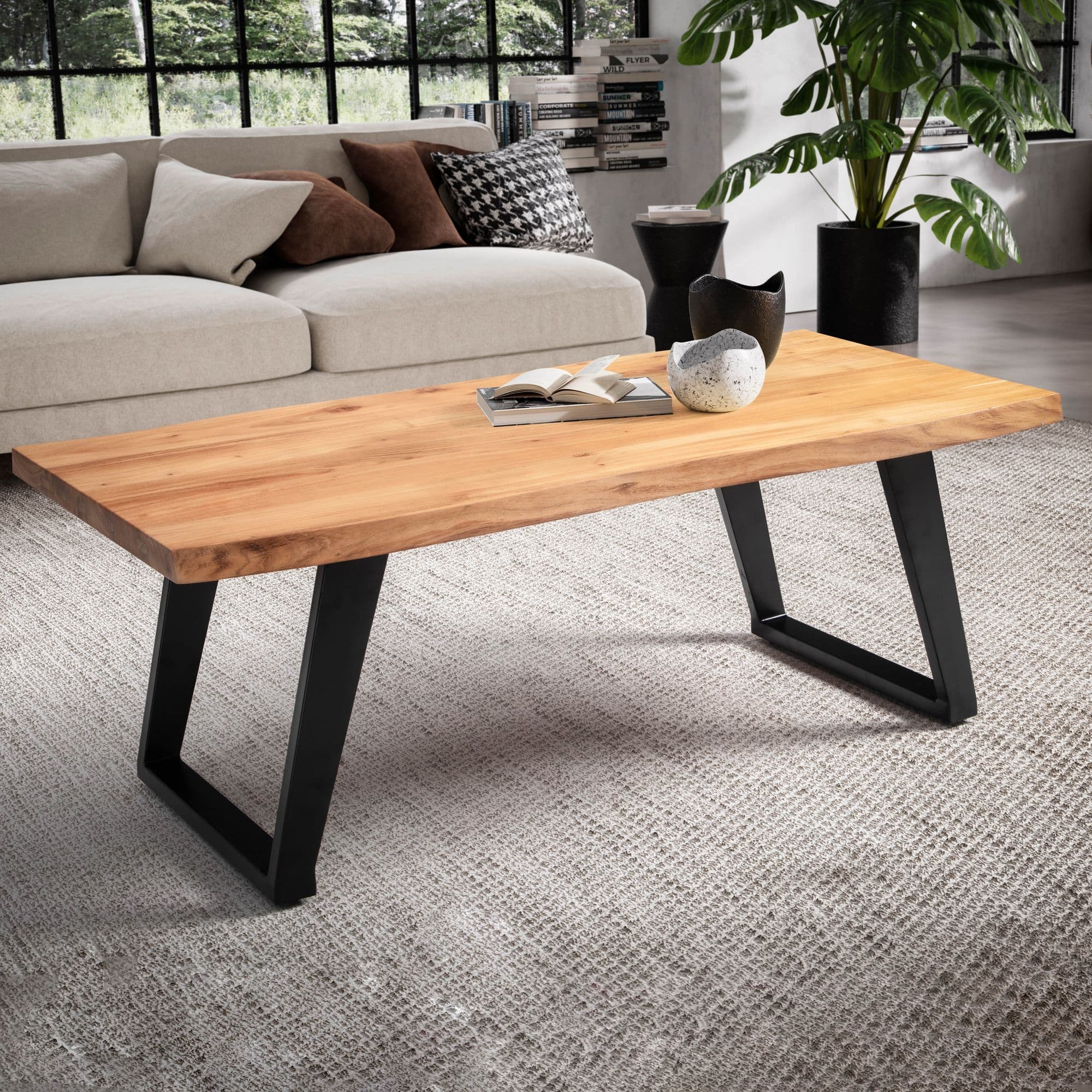 FineBuy Couchtisch 120x60x46 cm Akazie Massivholz / Metall Baumkante, Design Wohnzimmertisch Rechteckig, Sofatisch Stubentisch Braun, Kaffeetisch mit schwarzen Beinen in U-Form