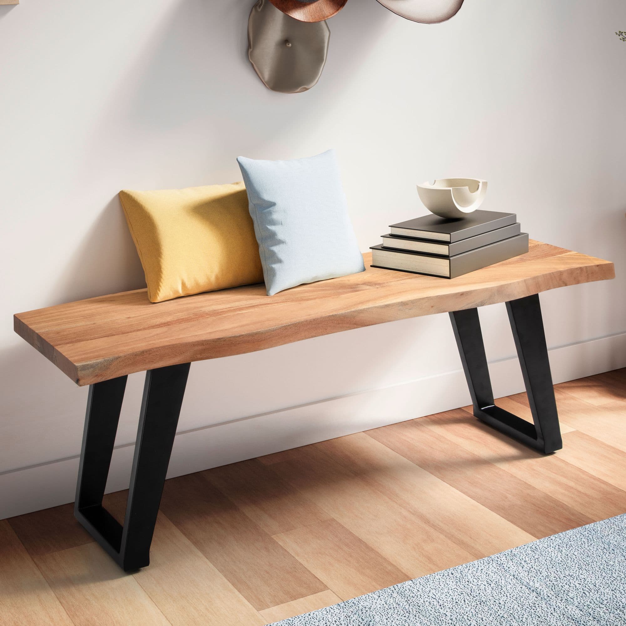 FineBuy Sitzbank 120 cm Massivholz ohne Lehne Baumkante Akazie - Bank für Garderobe - Garderobenbank - Flurbank Holzbank Handmade - Gestell Schwarz
