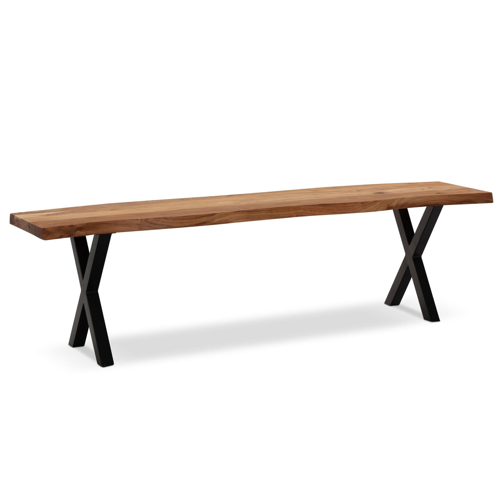 FineBuy Esszimmerbank Akazie Massivholz / Metall mit Baumkante, Esstischbank Modern, Holzbank Massiv ohne Lehne, Küchenbank Essbank mit X-Beinen, Sitzbank Esszimmer