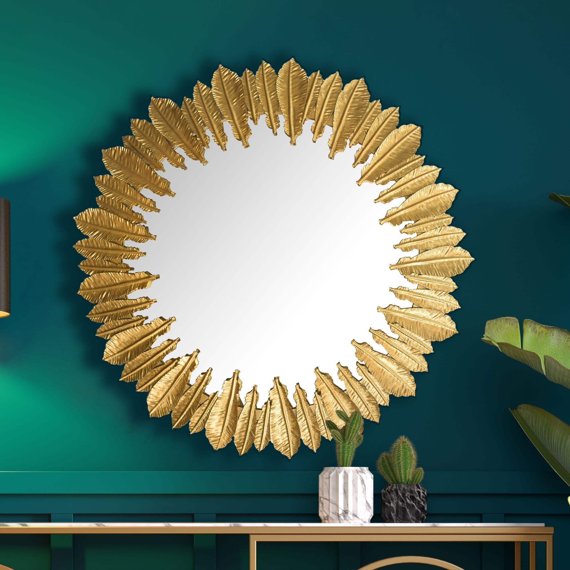 FineBuy Wandspiegel Federn 68 cm Metall Design Hängespiegel Gold, Eisen Dekospiegel Rund, Spiegel Wand Groß, Flurspiegel Garderobenspiegel Modern