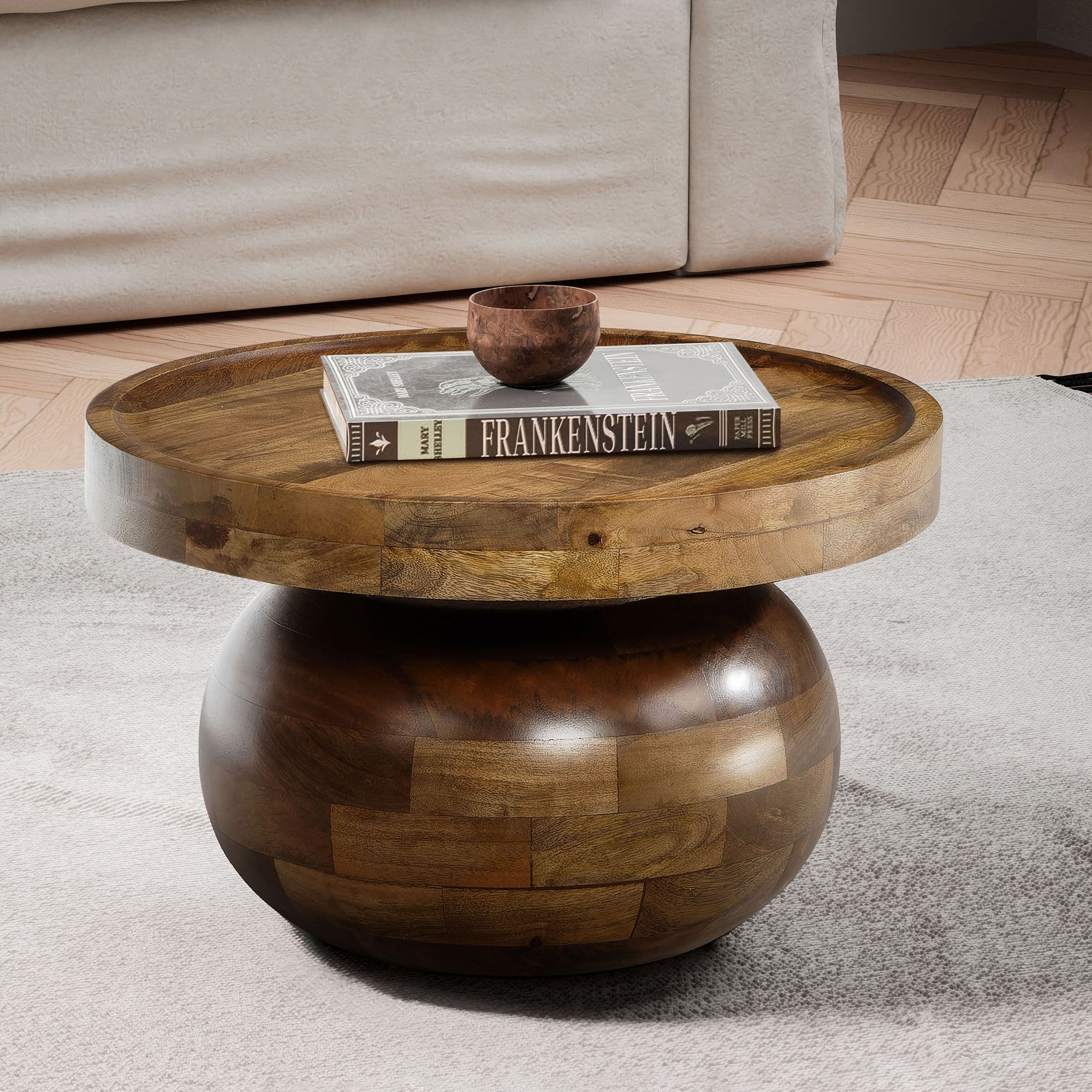 FineBuy Couchtisch 50x50x30,5 cm Mango Massivholz Walnussfarben Sofatisch Rund, Design Wohnzimmertisch Niedrig, Kaffeetisch Wohnzimmer Modern mit natürlicher Holzmaserung