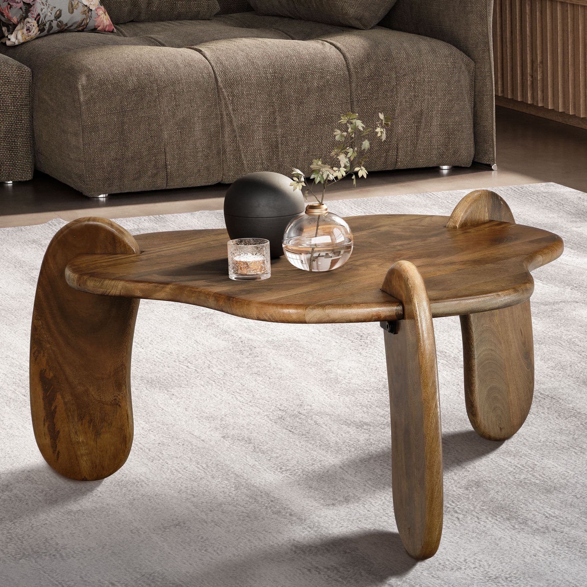 FineBuy Couchtisch Mango Massivholz Ø 78 cm Walnussfarben · Design Wohnzimmertisch in organischer Form · Handgefertigter Sofatisch