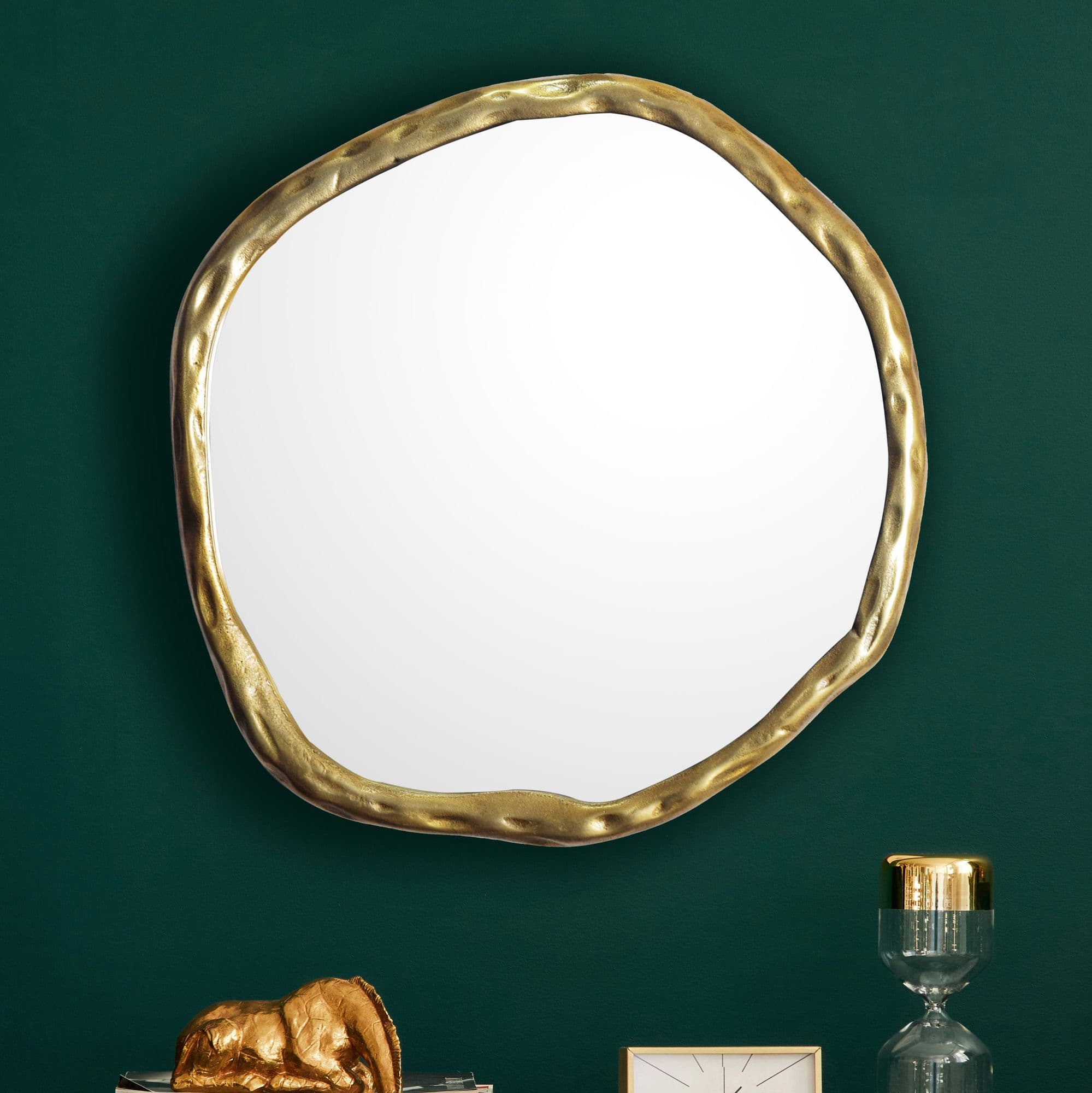 FineBuy Wandspiegel Asymmetrisch 60x60 cm Metall Design Hängespiegel Gold, Aluminium Dekospiegel Unförmig mit Rahmen, Spiegel Wand Groß, Flurspiegel Garderobenspiegel Modern
