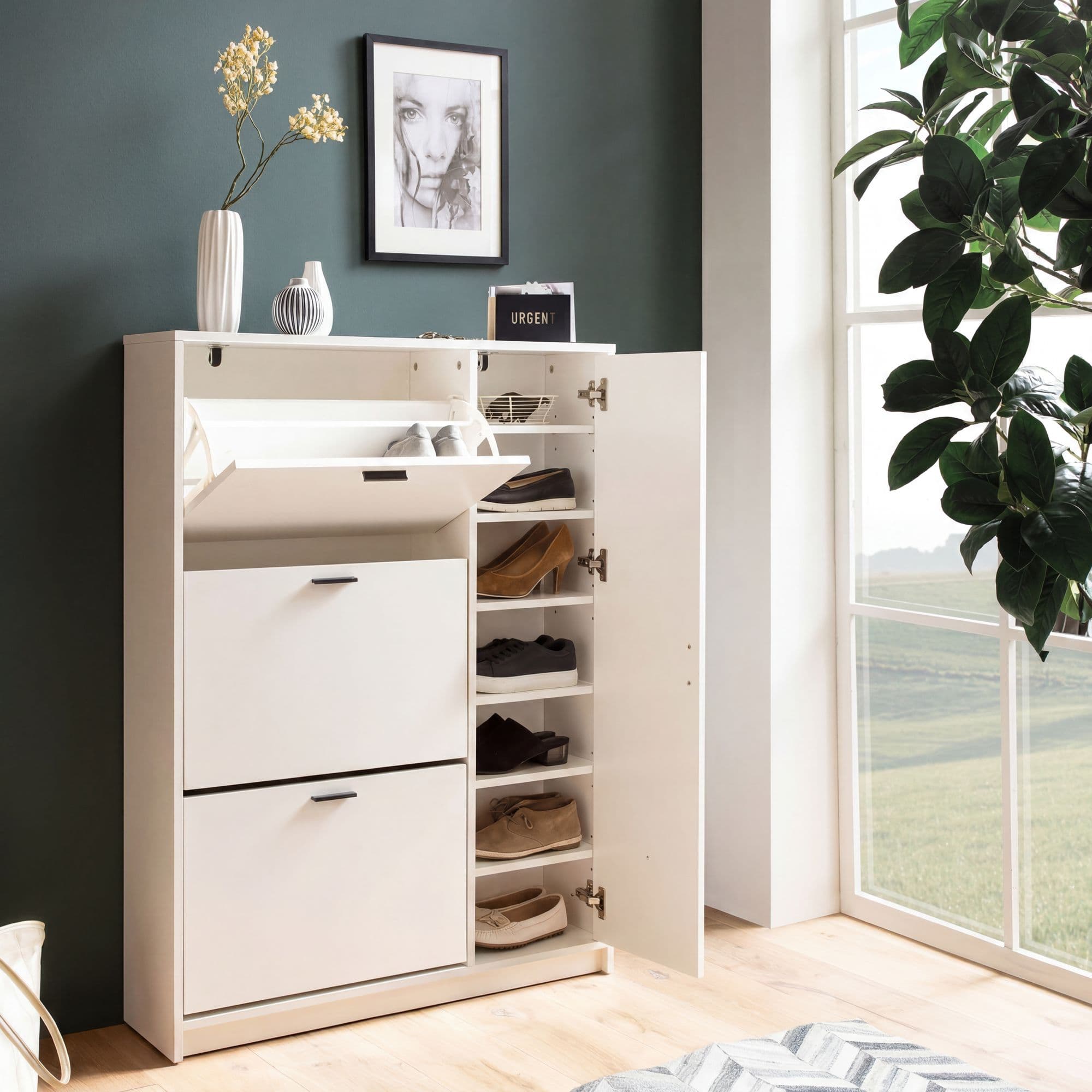FineBuy Schuhschrank Weiß 90x120x24 cm Schuhkipper Geschlossen, Schuhkommode Modern, Flurschrank mit Ablage, Schuhaufbewahrung Flurkommode für Schuhe Hoch