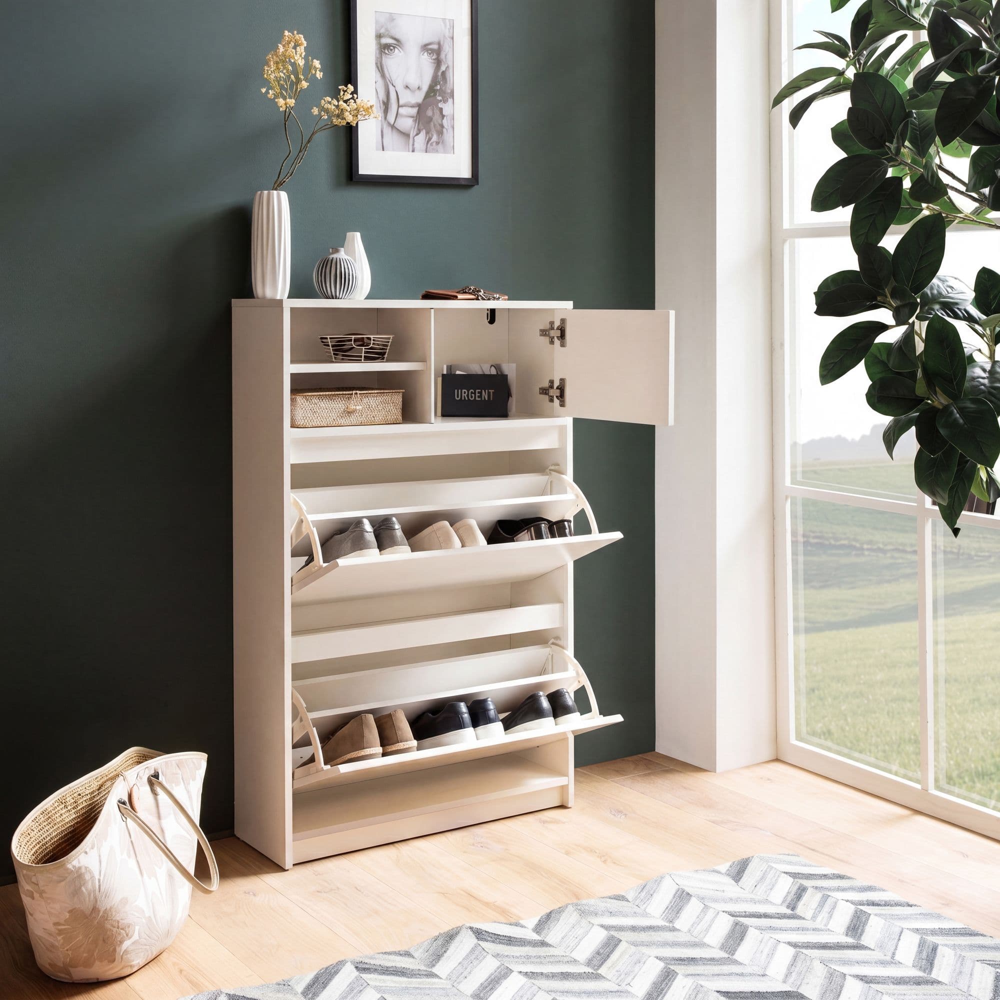 FineBuy Schuhschrank Weiß 71x110x24 cm Schuhkipper Geschlossen, Schuhkommode Modern, Flurschrank mit Ablage, Schuhaufbewahrung Flurkommode für Schuhe Hoch