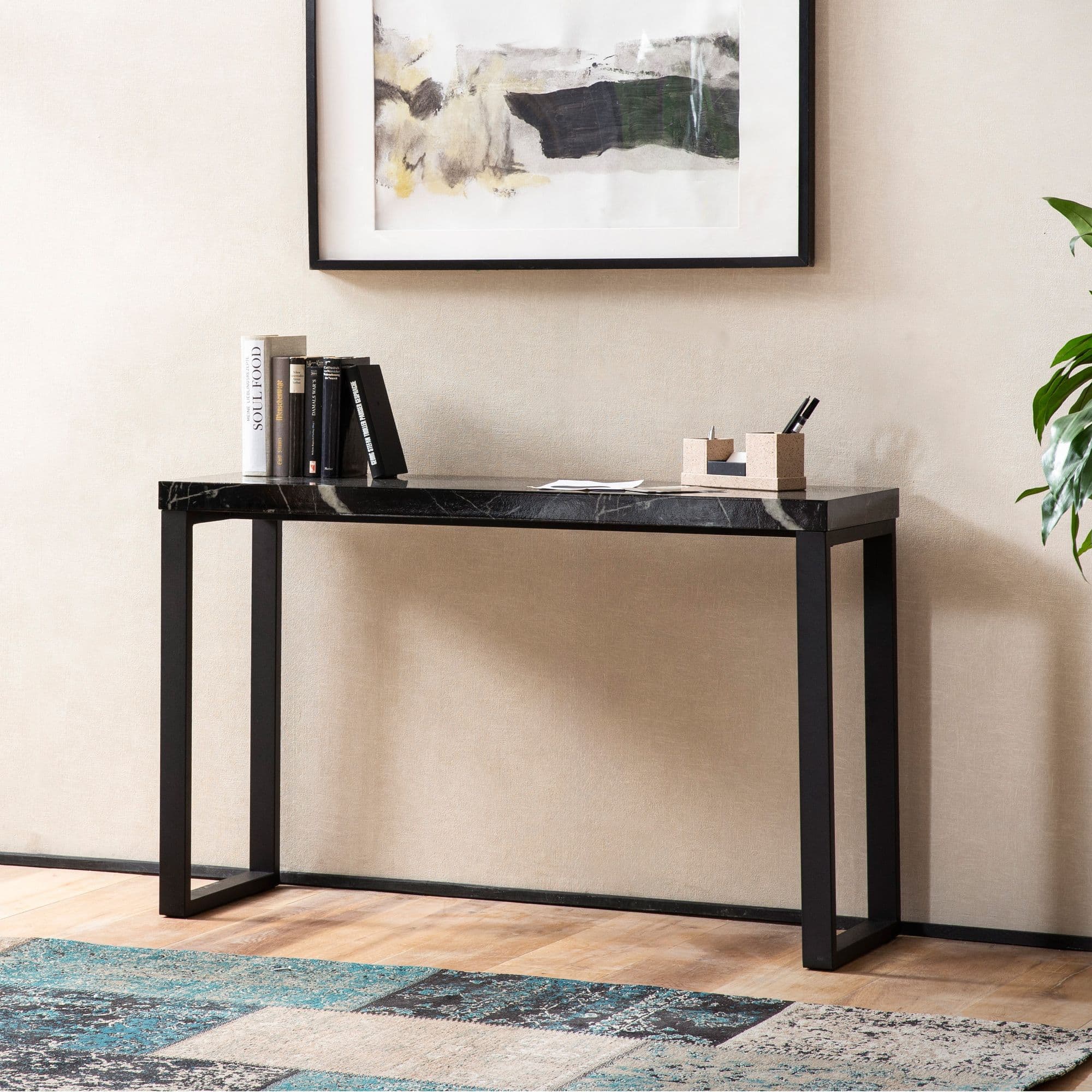 FineBuy Konsolentisch Marmor-Optik Schwarz Hochglanz 120x40x76 cm Design Anrichte Flur, Ablagetisch Schmal, Flurtisch mit Metallbeine, Dielentisch Lang Hoch, Kleiner Schreibtisch
