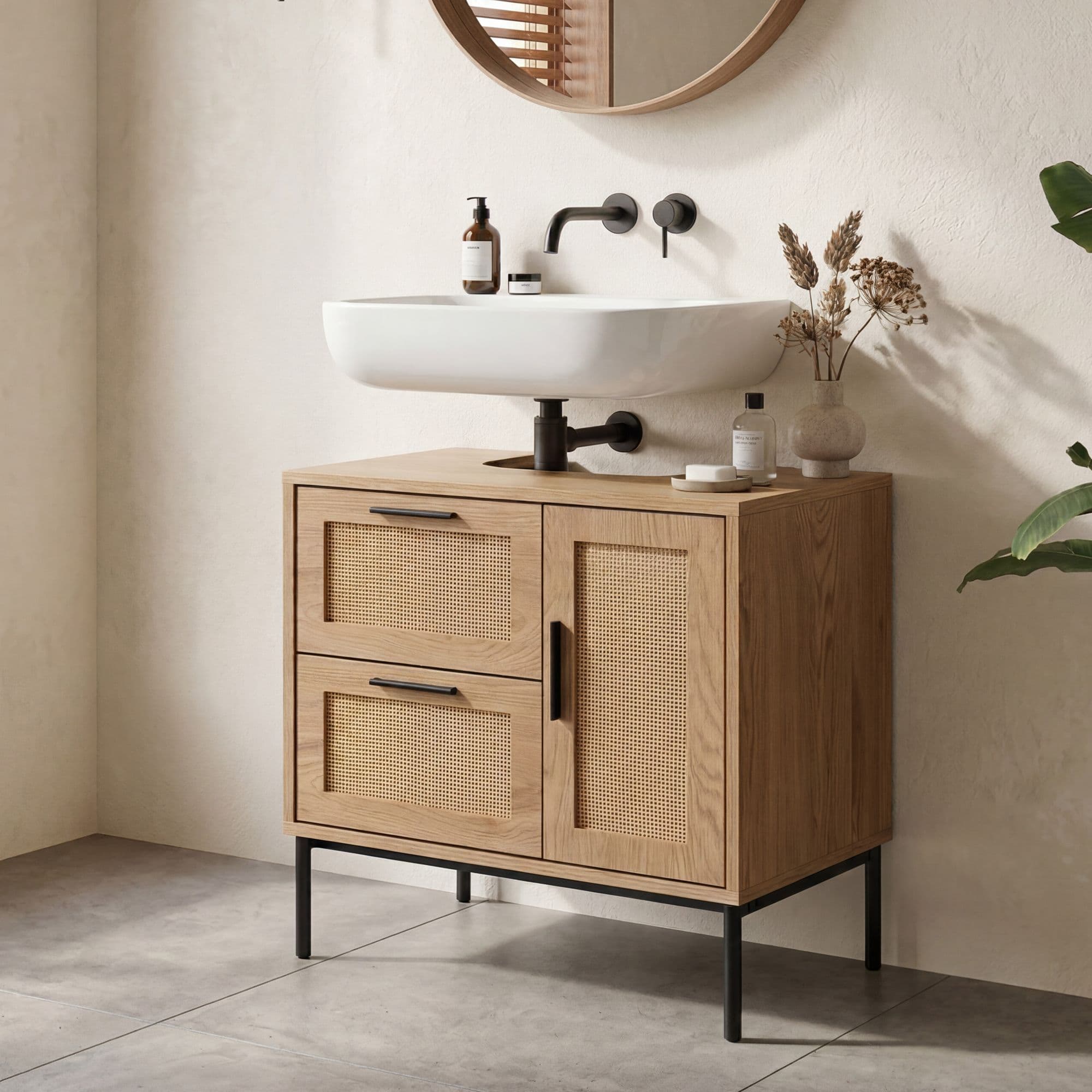 FineBuy Waschbeckenunterschrank Eiche-Optik 60x60x40 cm mit Tür und Schubladen, Badezimmerschrank mit Rattangeflecht, Unterschrank Stehend, Badschrank Midischrank Klein Waschtisch