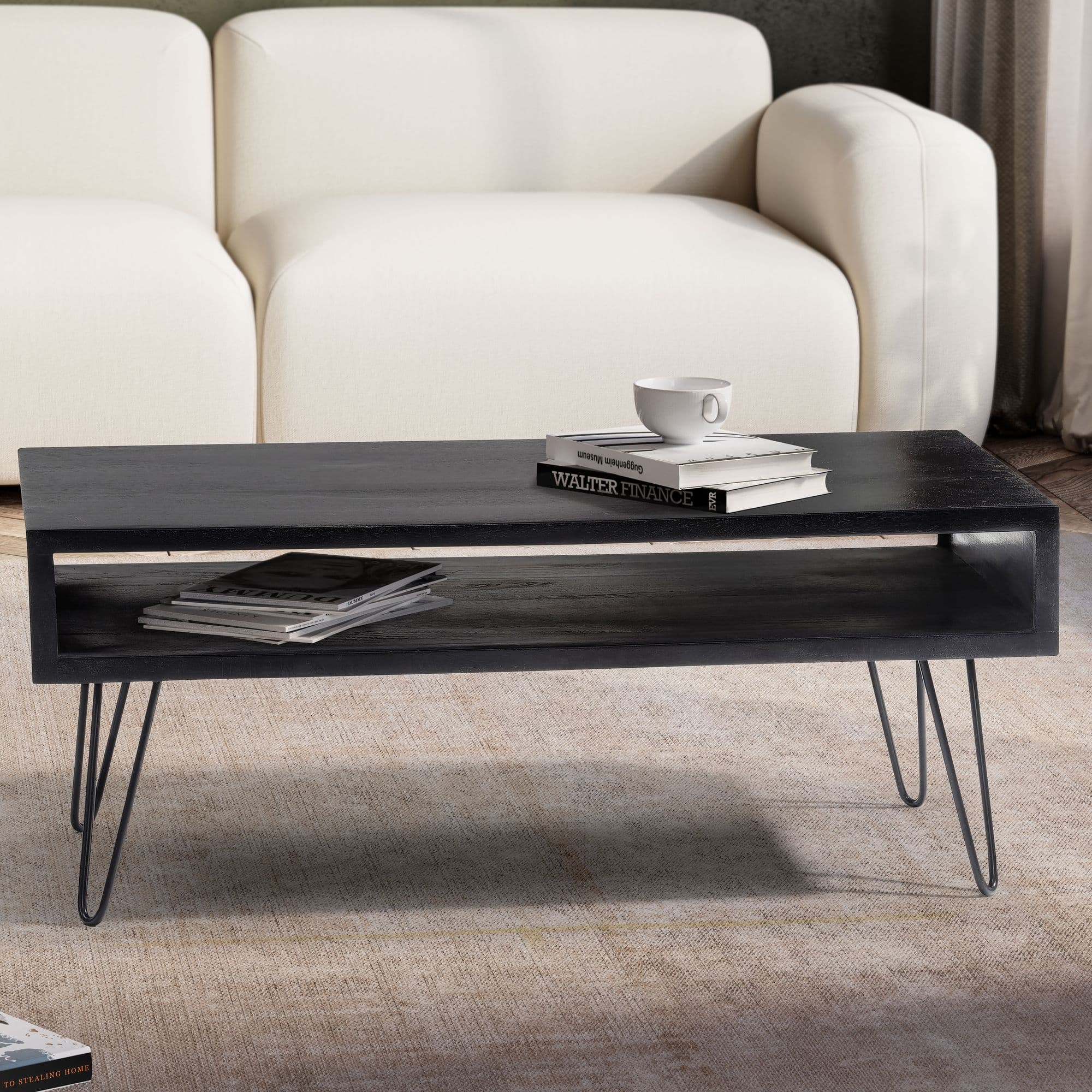 FineBuy Couchtisch Mango Massivholz schwarz 100x50 cm · rechteckiger Wohnzimmertisch mit Ablagefach · Massivholztisch mit Hairpin-Beinen im modernen Industrial Design