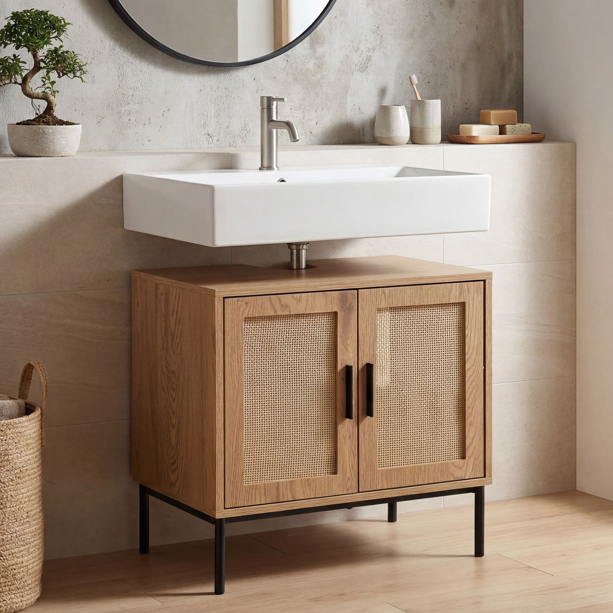 FineBuy Waschbeckenunterschrank Eiche-Optik 60x60x40 cm mit Türen, Badezimmerschrank mit Rattangeflecht, Unterschrank Stehend, Badschrank Midischrank Klein Waschtisch