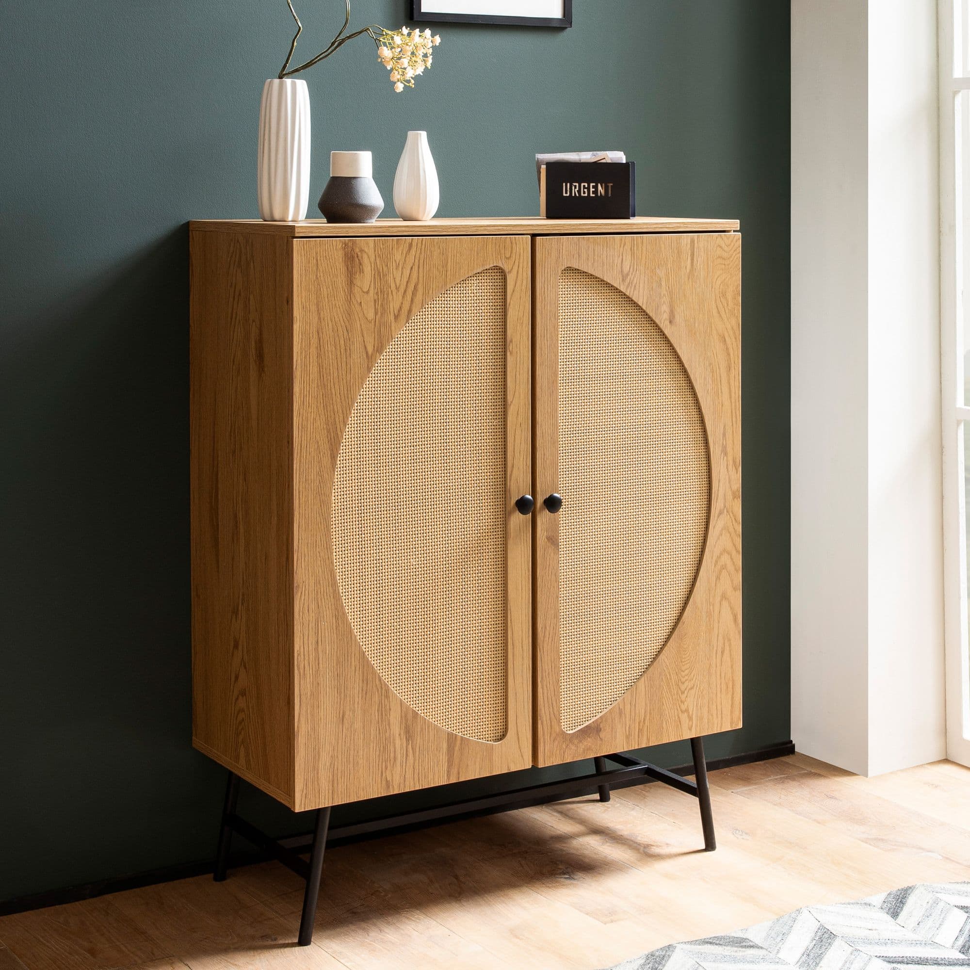 Kommode in Eiche Dekor 80 cm Sideboard mit 2 Türen aus Wiener Rattan Geflecht Design Highboard