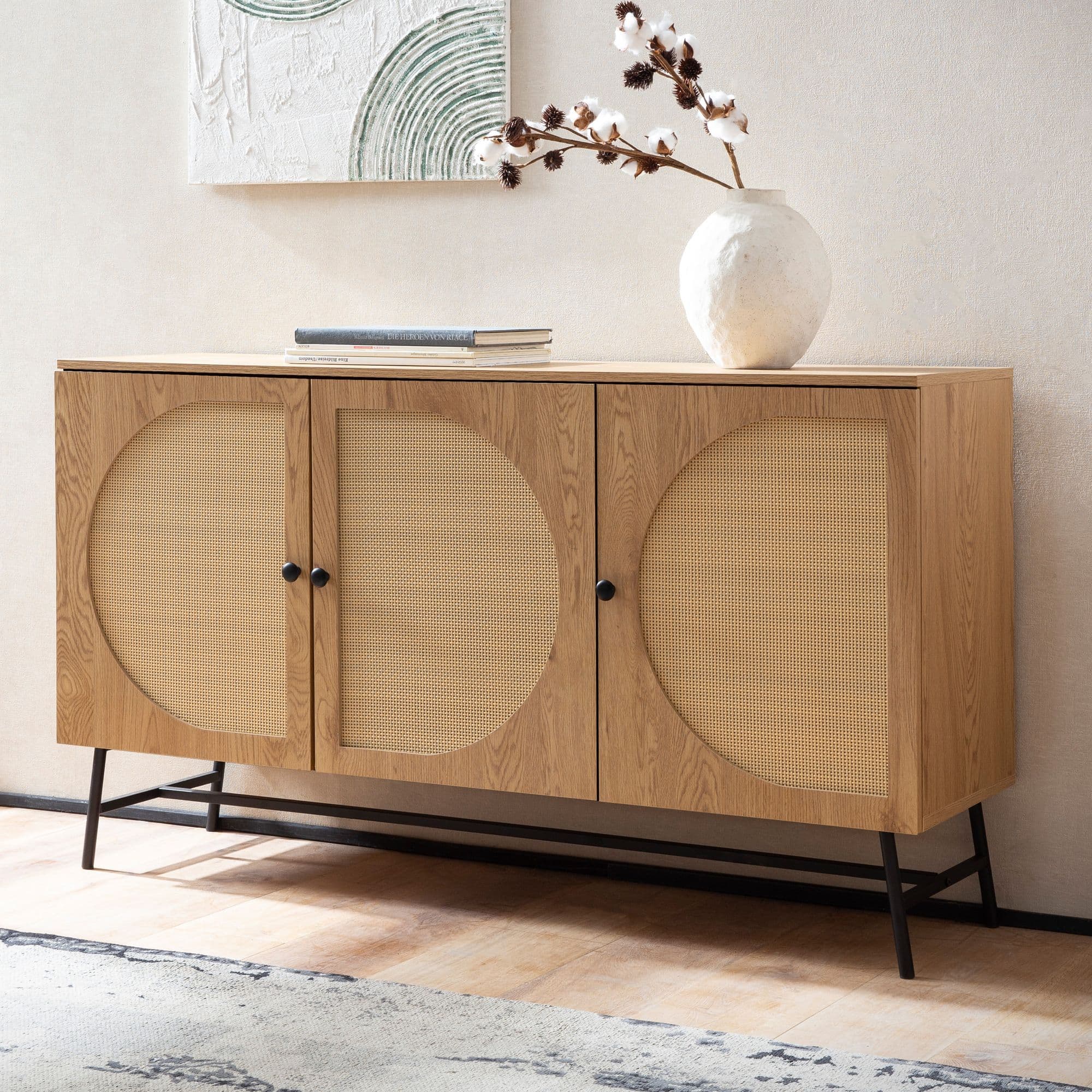 FineBuy Sideboard 140x80x39 cm Kommode Eiche-Dekor mit Rattan Geflecht Modern, Hoher Kommodenschrank, Standschrank mit 3 Türen, Anrichte Wohnzimmer