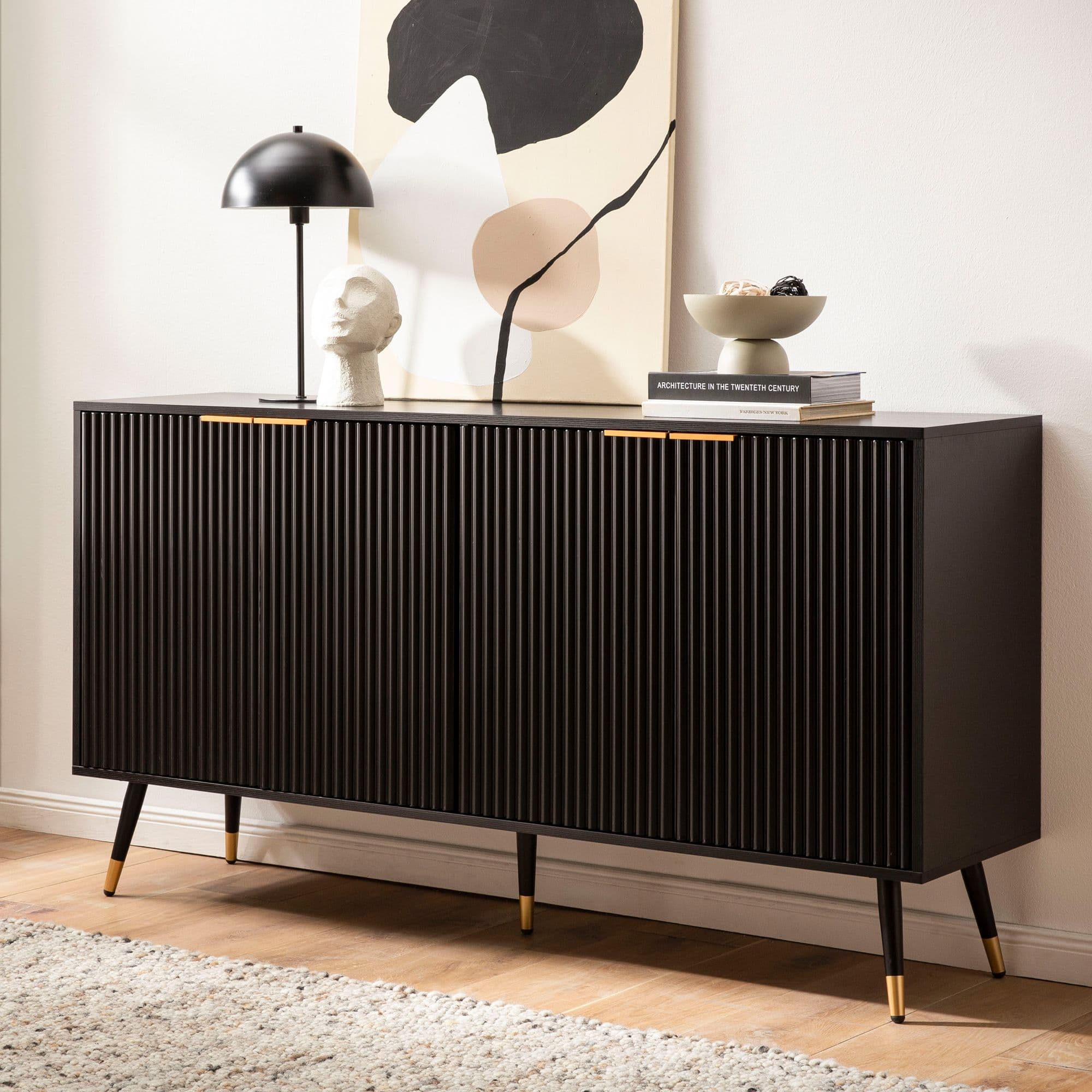 FineBuy Sideboard 150x81x39 cm Anrichte Schwarz mit Eiche-Dekor, Kommode mit Türen, Kommodenschrank Flurschrank Modern, Standschrank Wohnzimmer Metallbeine