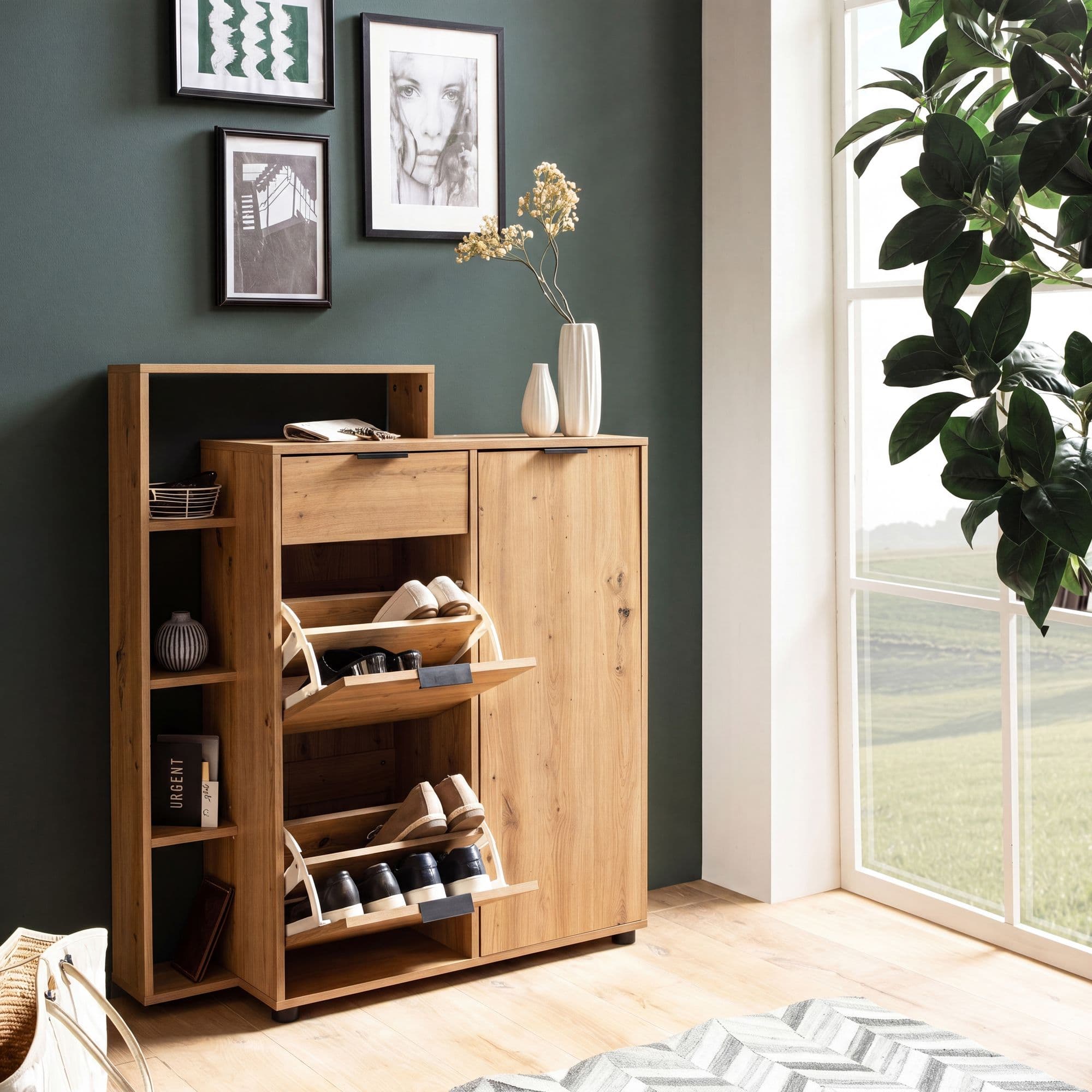 FineBuy Schuhschrank Eiche-Dekor 98x110x30 cm Schuhkipper Geschlossen, Schuhkommode mit Schublade Modern, Flurschrank mit Regal und Ablage, Schuhaufbewahrung Flurkommode für Schuhe Hoch