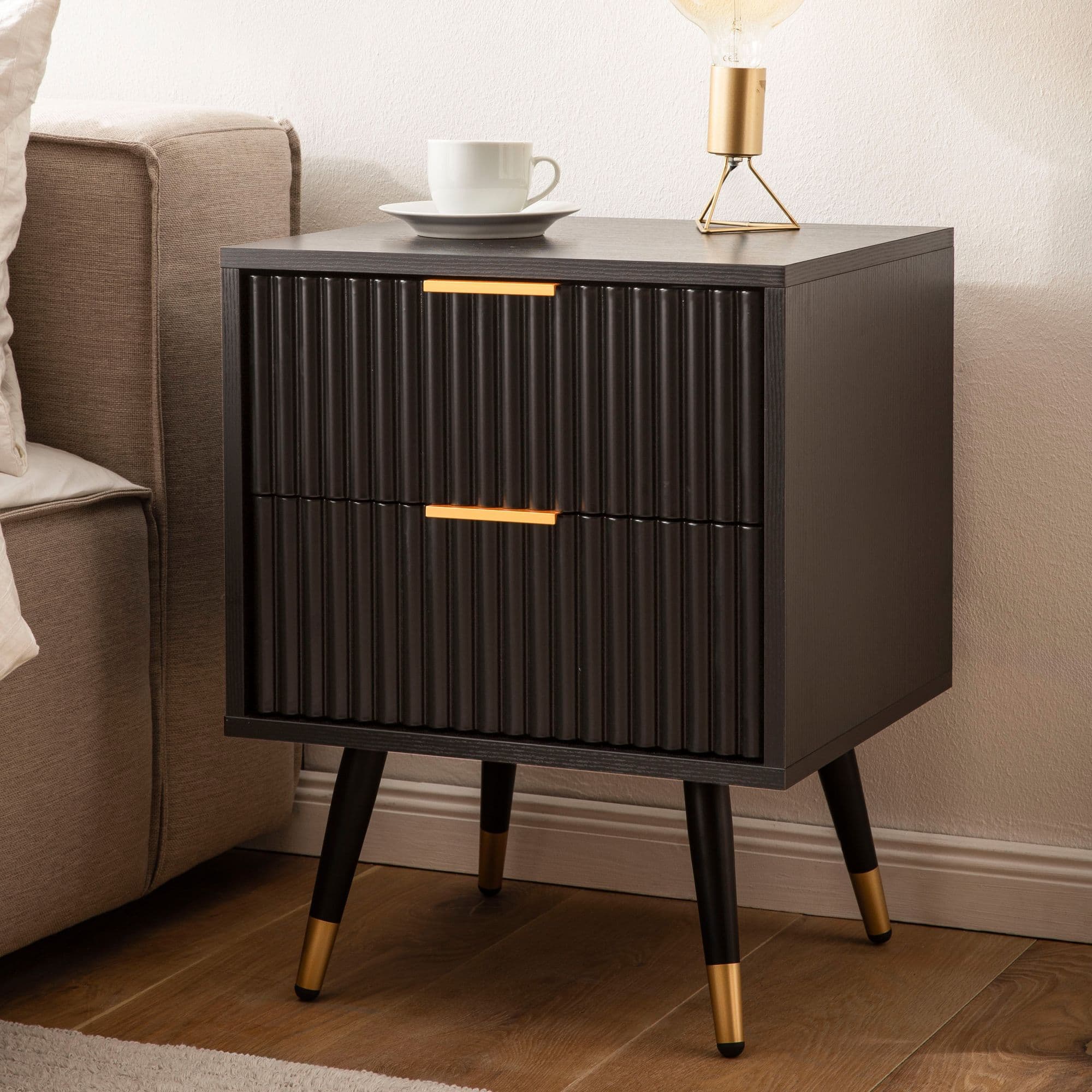 FineBuy Nachtkonsole Schwarz mit Eiche-Dekor 43,5x39x56 cm Nachttisch Modern, Nachtkommode Boxspringbett mit Schubladen, Nachtkästchen mit Stauraum