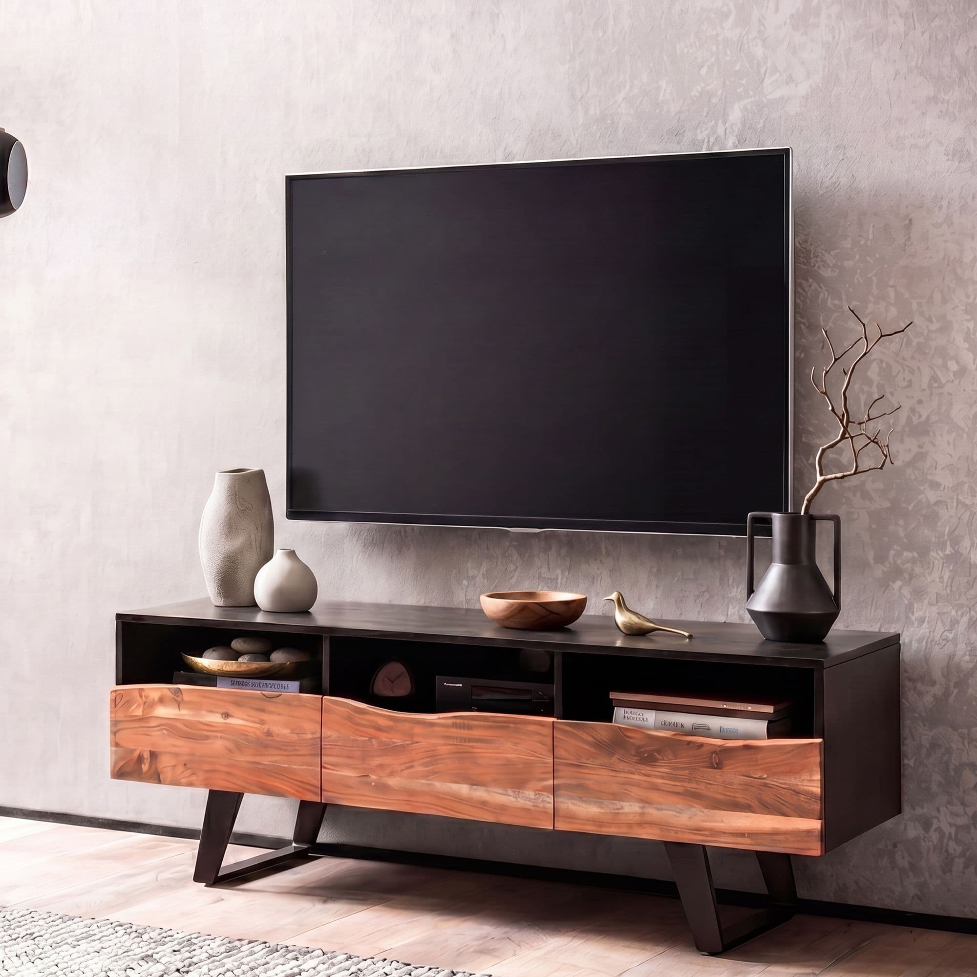 FineBuy Lowboard Akazie Massivholz 140x50x40 cm Baumkante TV-Kommode Schwarz, Design TV-Schrank Hoch mit Schublade, Fernsehtisch Fernsehschrank Modern mit Türen, Fernsehkommode Wohnzimmer