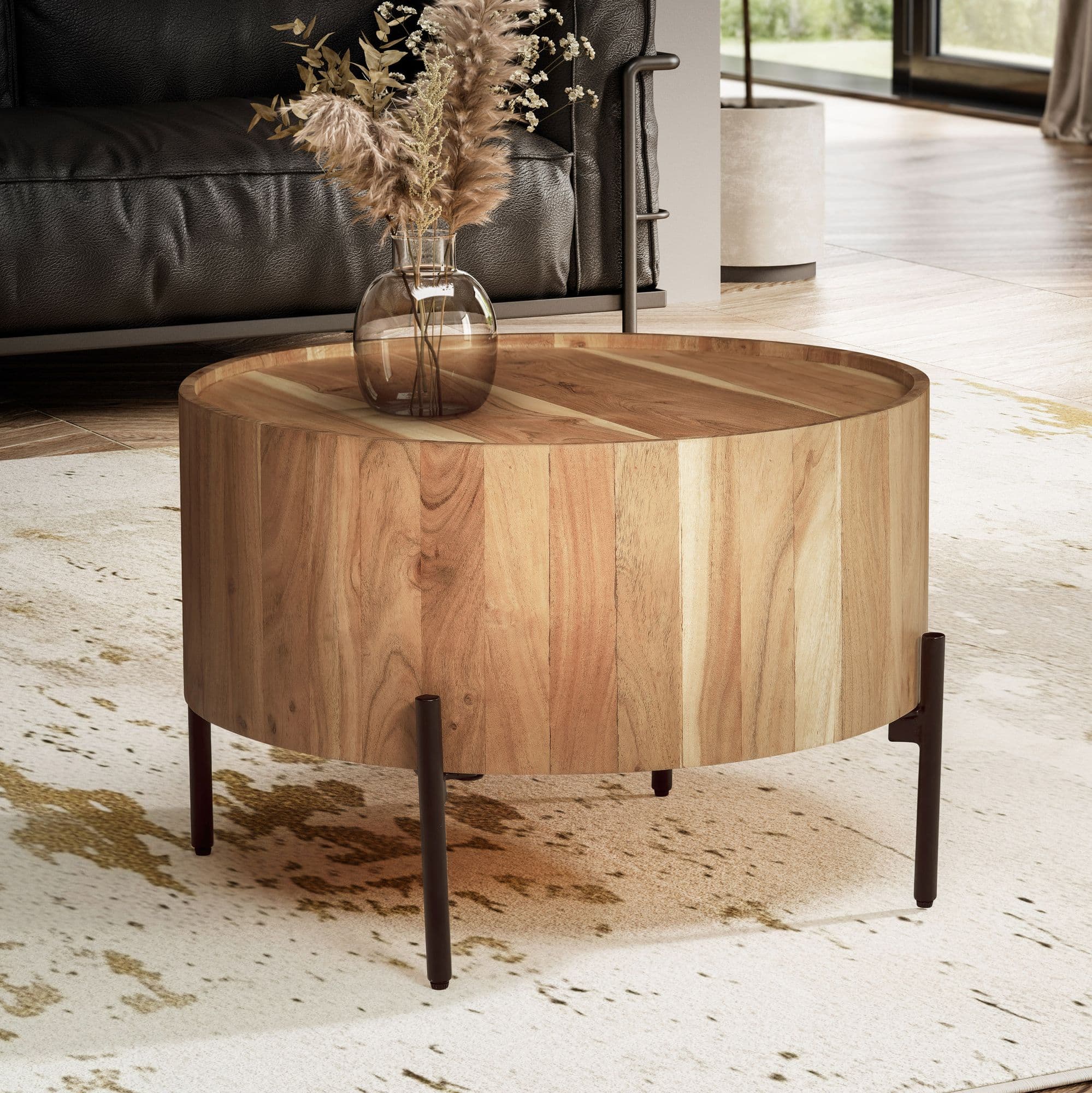 FineBuy Couchtisch Akazie Massivholz rund 60 cm · Wohnzimmertisch in Trommelform mit schwarzen Metallfüßen · Handgefertigter moderner Industrial Design Tisch