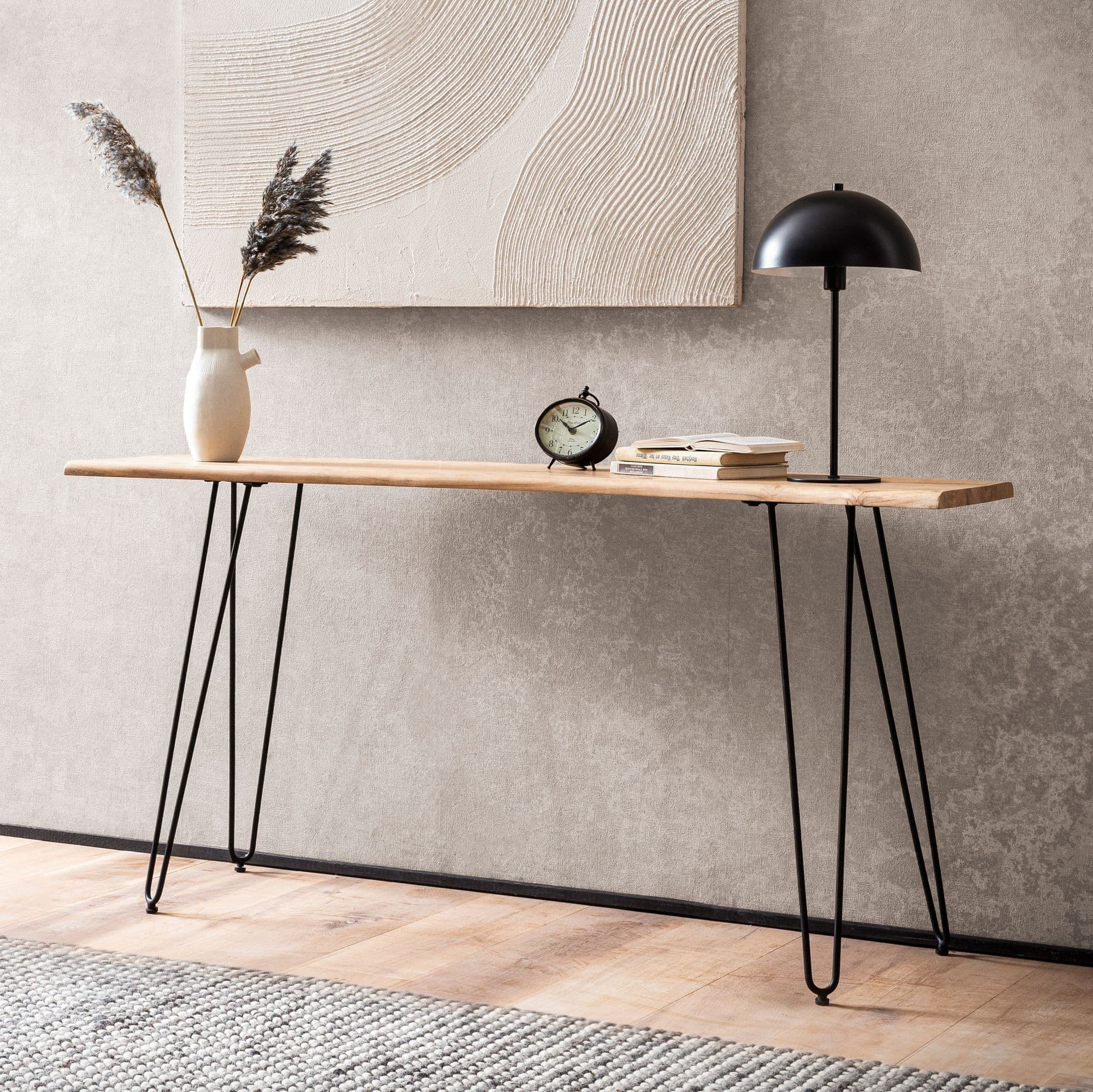 FineBuy Konsolentisch 150x36x75 cm Akazie Massivholz Baumkante Anrichte Flur, Ablagetisch mit Haarnadelbeine Schmal Modern, Flurtisch Metallgestell, Dielentisch Lang Hoch