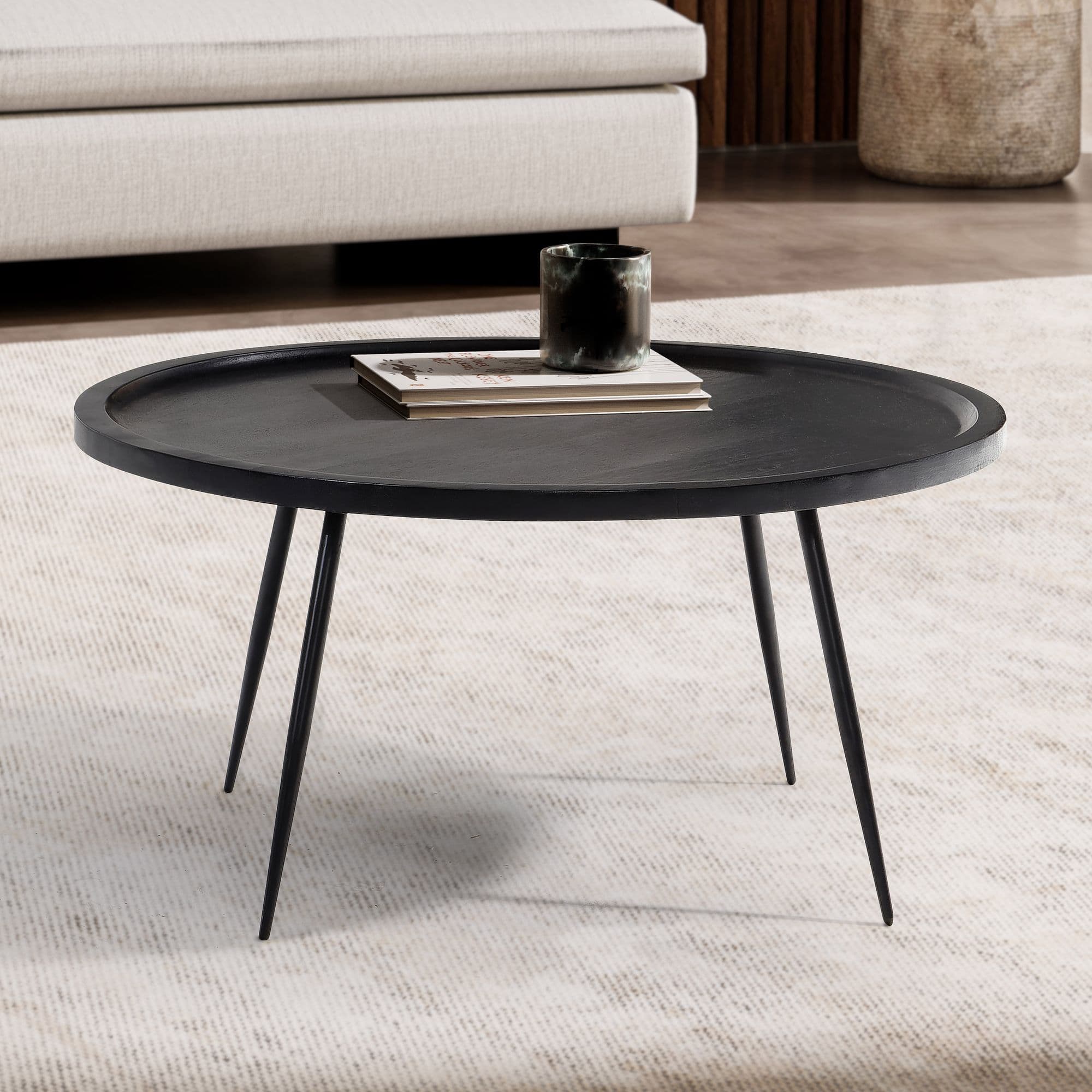 FineBuy Couchtisch Mango Massivholz rund Ø 75 cm Schwarz · Moderner Wohnzimmertisch mit Metallbeinen · Handgefertigter Sofatisch im Industrial Japandi Design