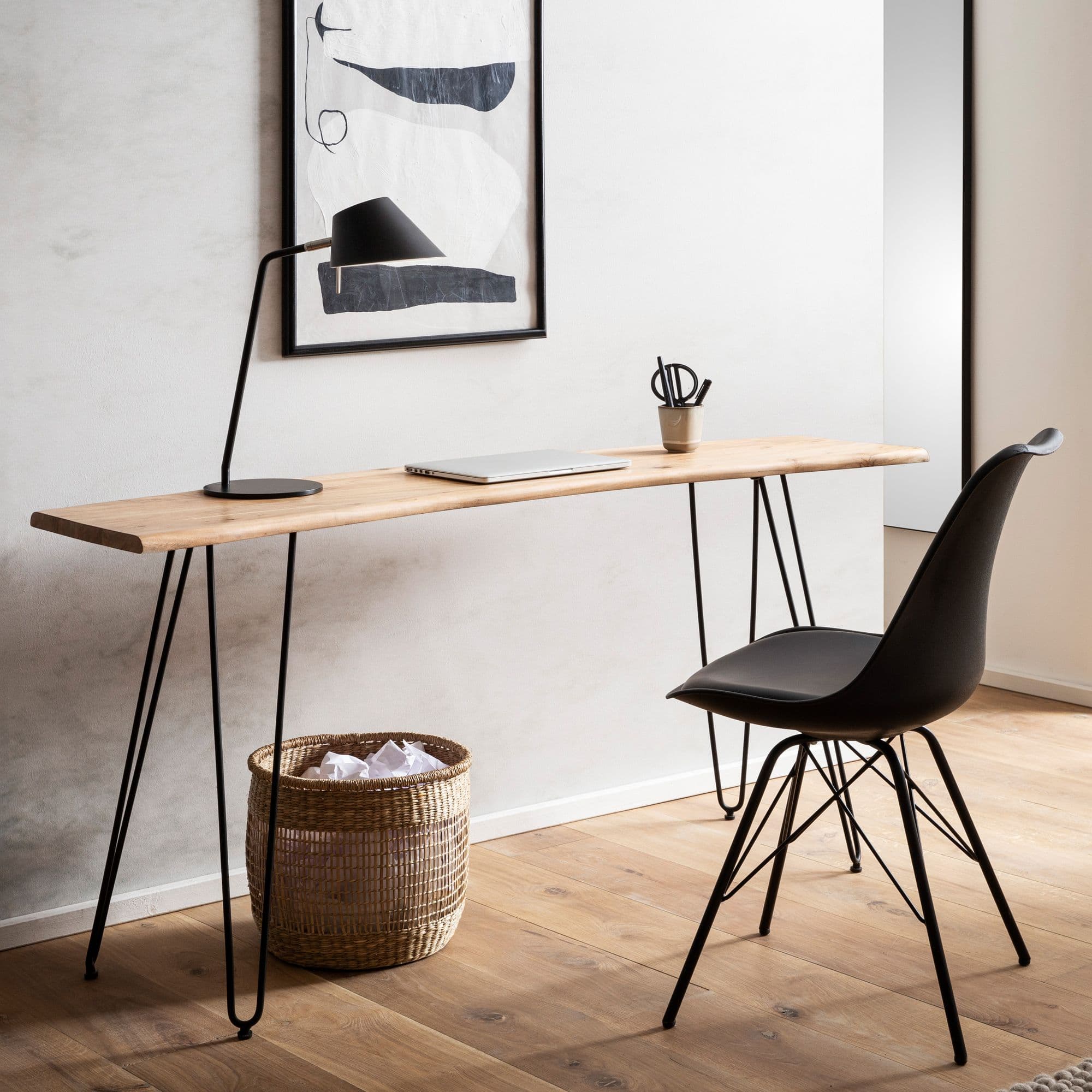 FineBuy Schreibtisch 150x36x75 cm Akazie Massivholz / Metall Computertisch Baumkante, Homeoffice Bürotisch Massiv mit Haarnadelbeinen in Schwarz, Holztisch Schmal Laptoptisch Arbeitszimmer