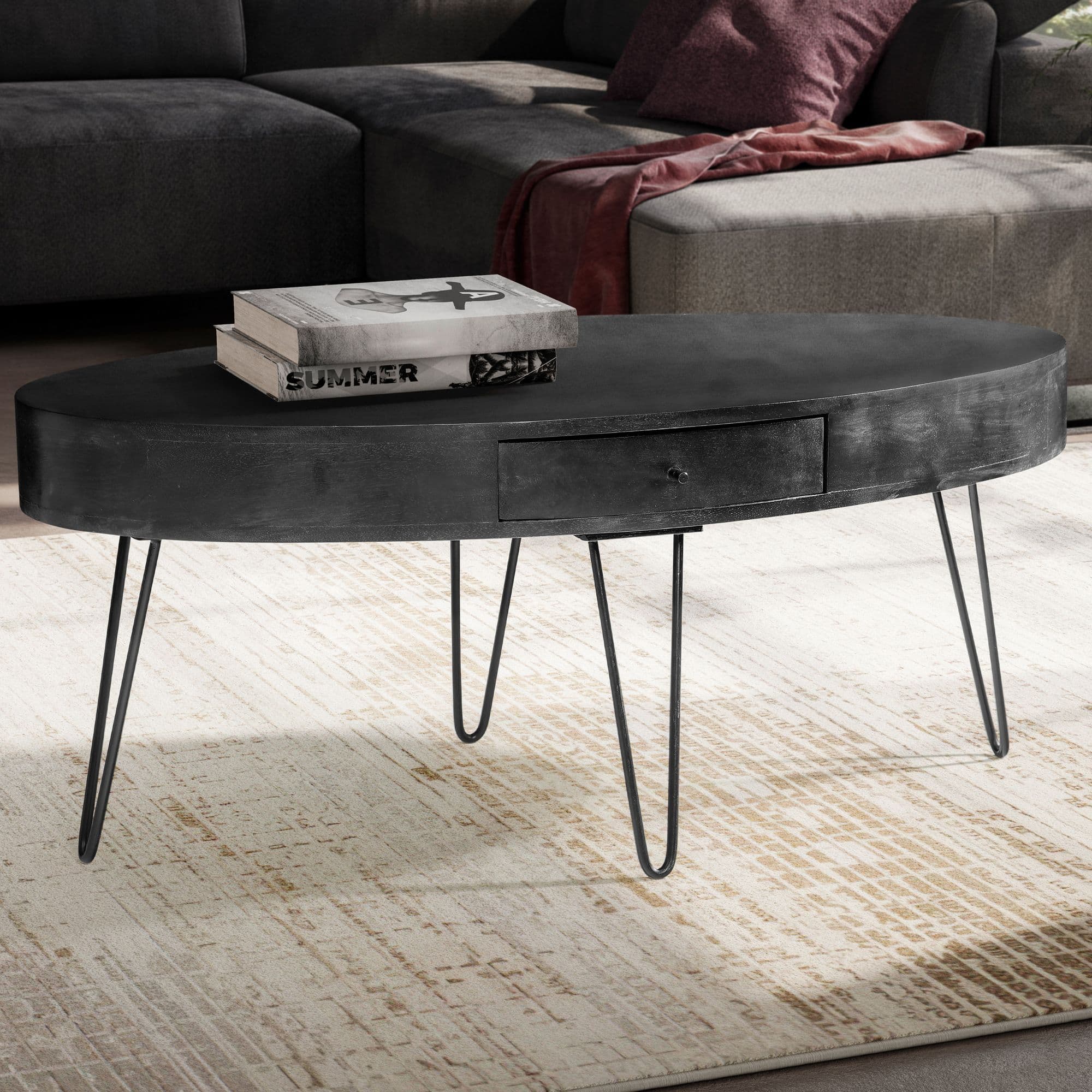 FineBuy Couchtisch 100cm oval Mango Massivholz schwarz · Wohnzimmertisch mit Schublade und Hairpin Beinen · Moderner Massivholztisch im Industrial Design mit Metallgestell