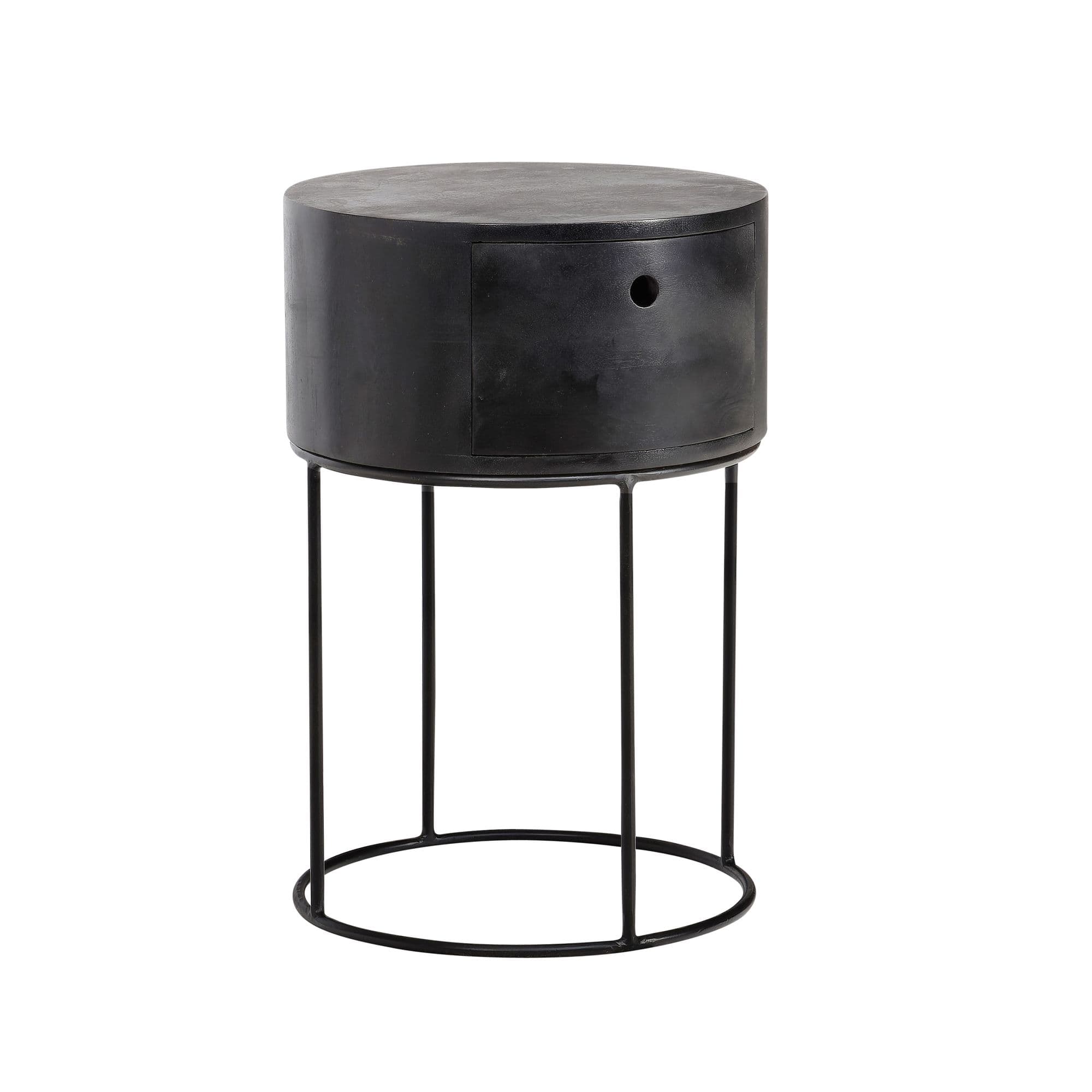 FineBuy Nachtkonsole rund aus Massivholz mit Metallgestell und Schublade – moderner Nachttisch im Industrial Design mit Stauraum, Nachtkästchen ideal für Boxspringbetten – 40x40x60 cm