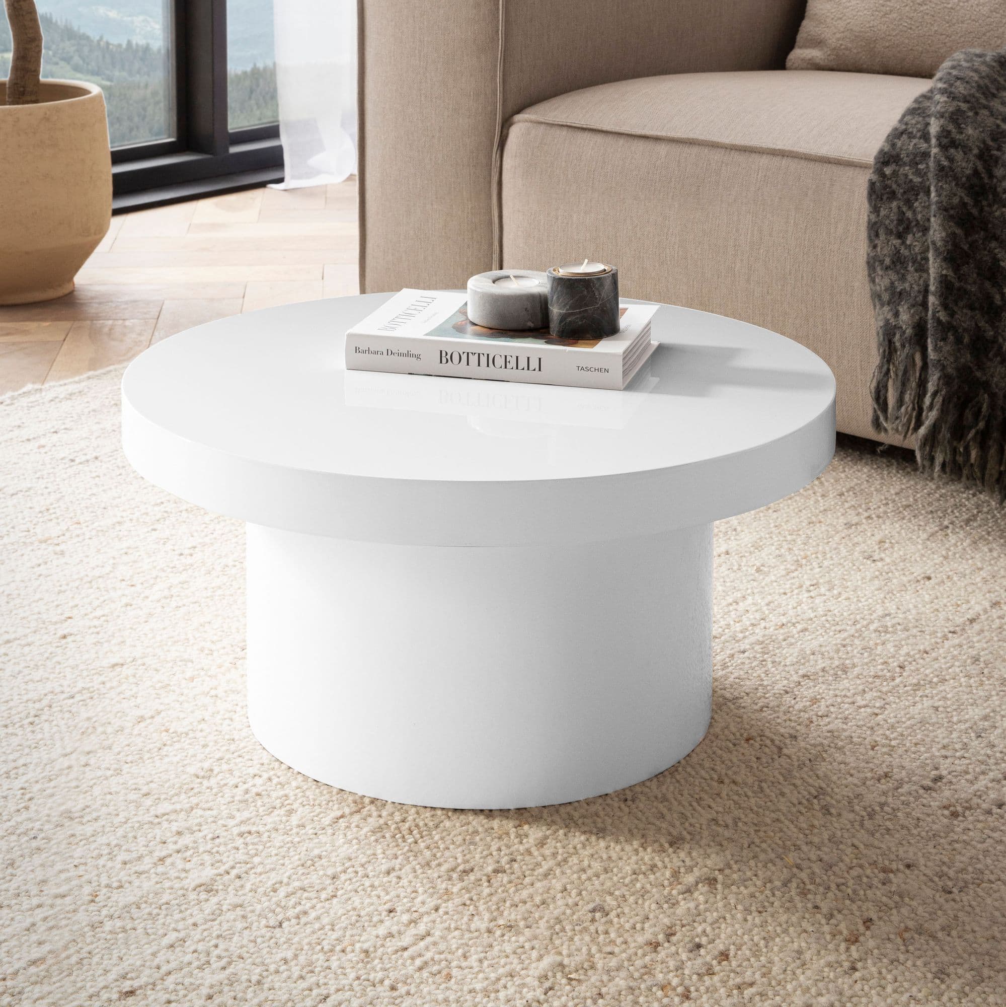 FineBuy Weißer Hochglanz Couchtisch 60cm rund – stilvoller kleiner Design Wohnzimmertisch, Sofatisch im modernen Pilz-Design mit glatter Oberfläche