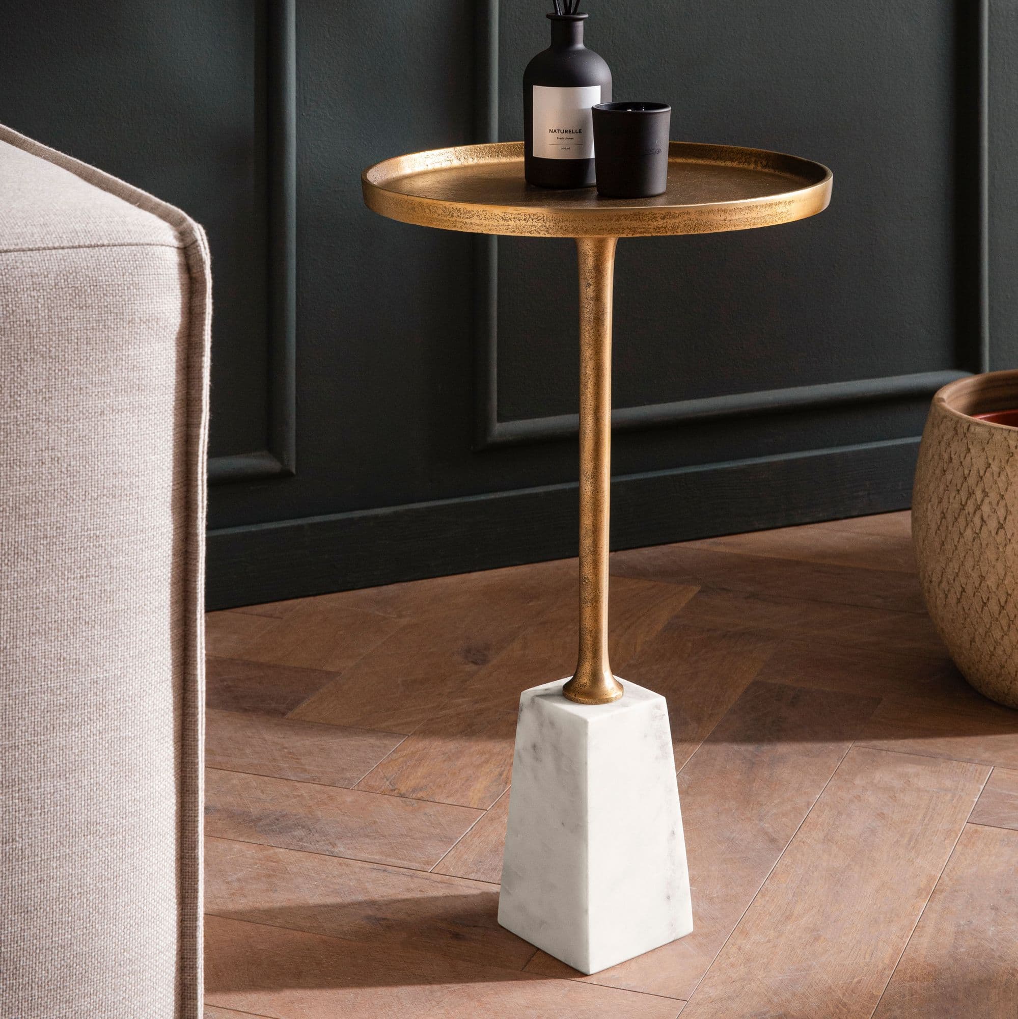 FineBuy Beistelltisch Echter Marmor Metall 34x34x58 cm Anstelltisch Gold Weiß, Kleiner Abstelltisch Rund, Wohnzimmertisch Couch Modern, Marmortisch Hoch