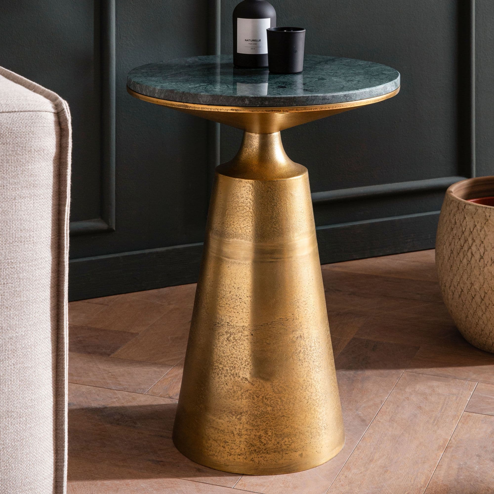 FineBuy Beistelltisch Echter Marmor Metall 40x40x56,5 cm Anstelltisch Grün Gold, Kleiner Abstelltisch Rund, Wohnzimmertisch Couch Modern, Marmortisch Hoch