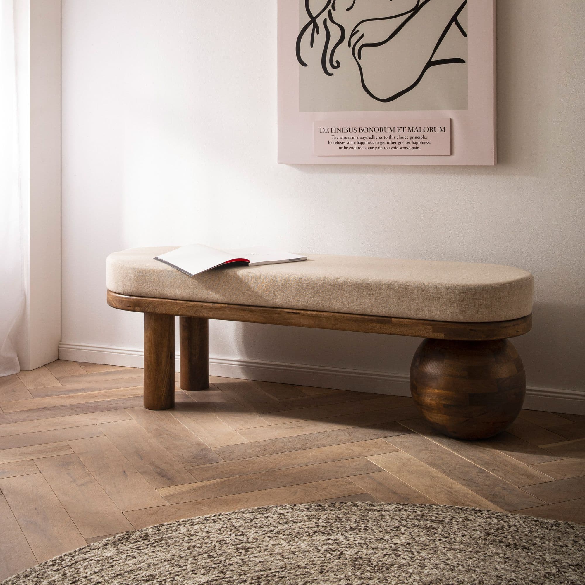 FineBuy gepolsterte Sitzbank 140 cm Massivholz Stoff - Design Bank für Garderobe Schlafzimmer & Wohnzimmer - Ausgefallene Garderobenbank Handmade