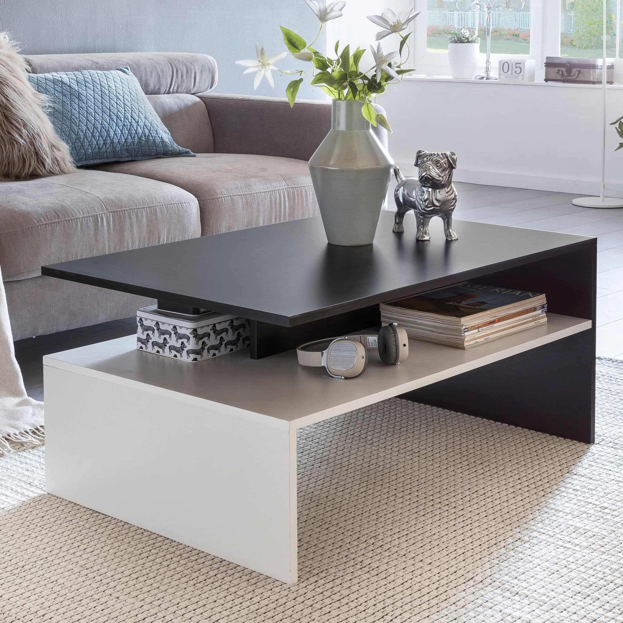 FineBuy Wohnzimmertisch 90 x 43 x 60 cm mit Ablage Holz Schwarz / Weiß, Design Wohnzimmer Couchtisch Zweiteilig mit Stauraum, Sofatisch Eckig Kaffeetisch Modern, Loungetisch Groß & Hoch