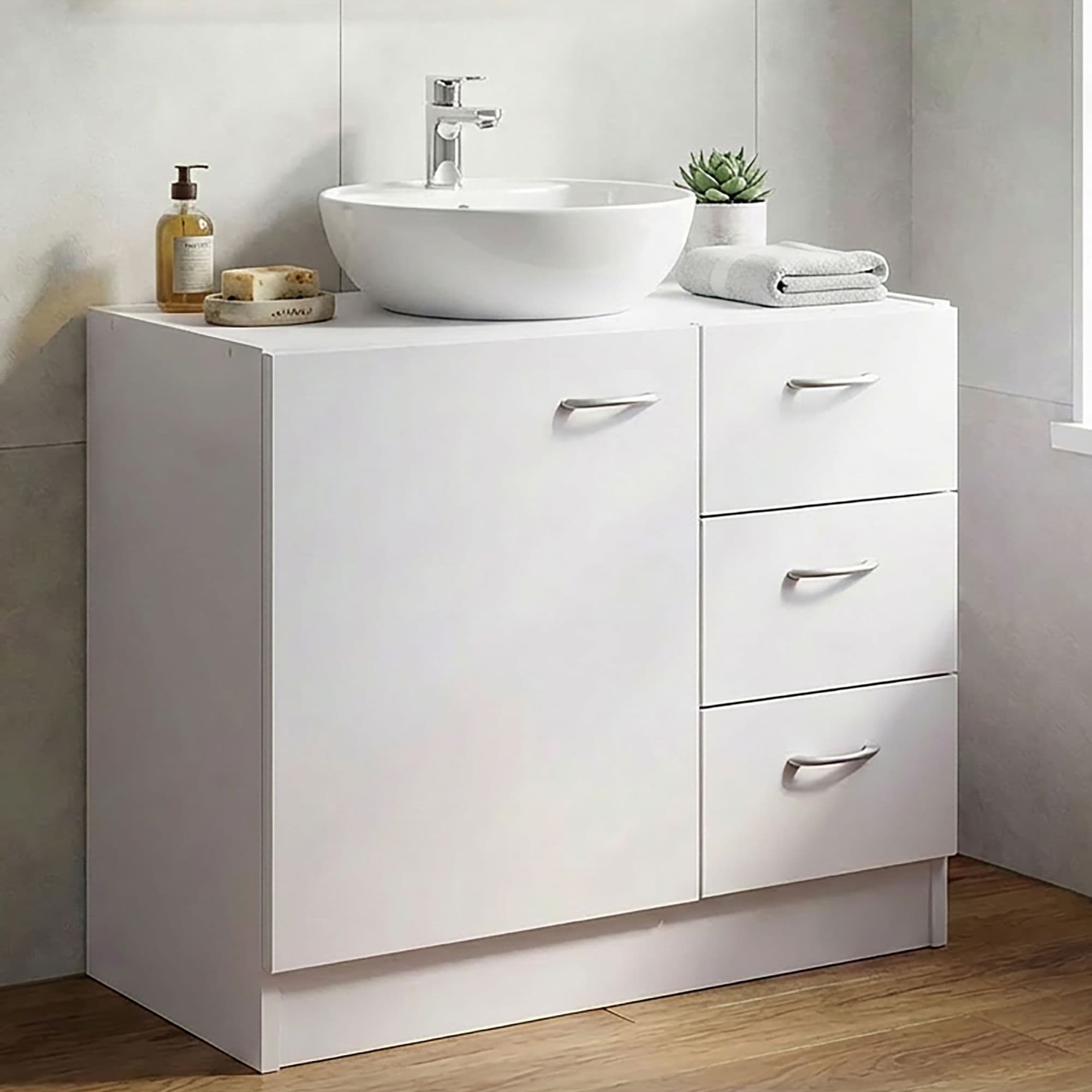 FineBuy Waschbecken-Unterschrank 54 x 63 x 30 cm weiß mit 1 Tür und 3 Schubladen, Unterstellschrank Bad mit Siphonausschnitt, Bad-Schrank klein Waschbecken