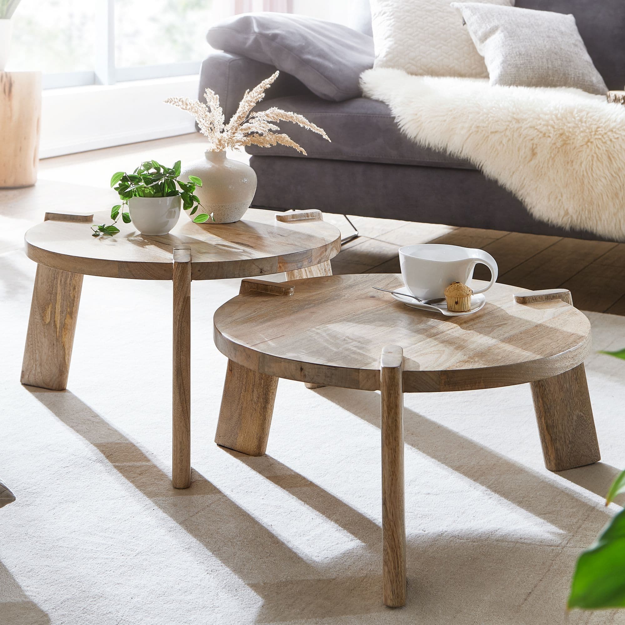 FineBuy Couchtisch Set 2er Mango Massivholz rund Natur · Wohnzimmertisch Beistelltisch im Japandi Design · Handgefertigte Satztische aus Echtholz mit Klarlack