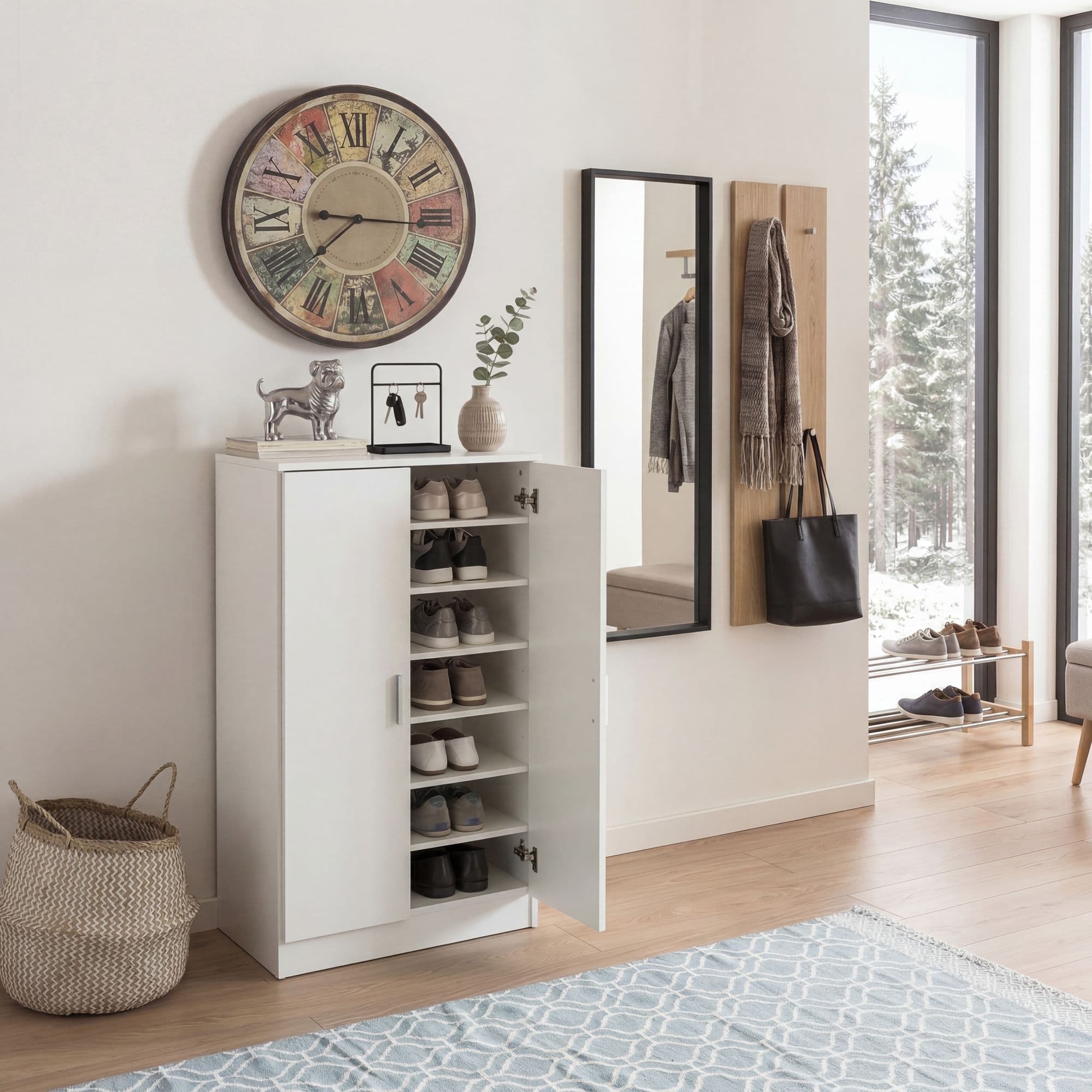 FineBuy Schuhschrank mit 2 Türen Weiß 55x108x35 cm Schuhregal Holz geschlossen, Design Dielenschrank Garderobenschrank schmal, Flurschrank hoch, Schuhaufbewahrung Garderobe Dielenmöbel