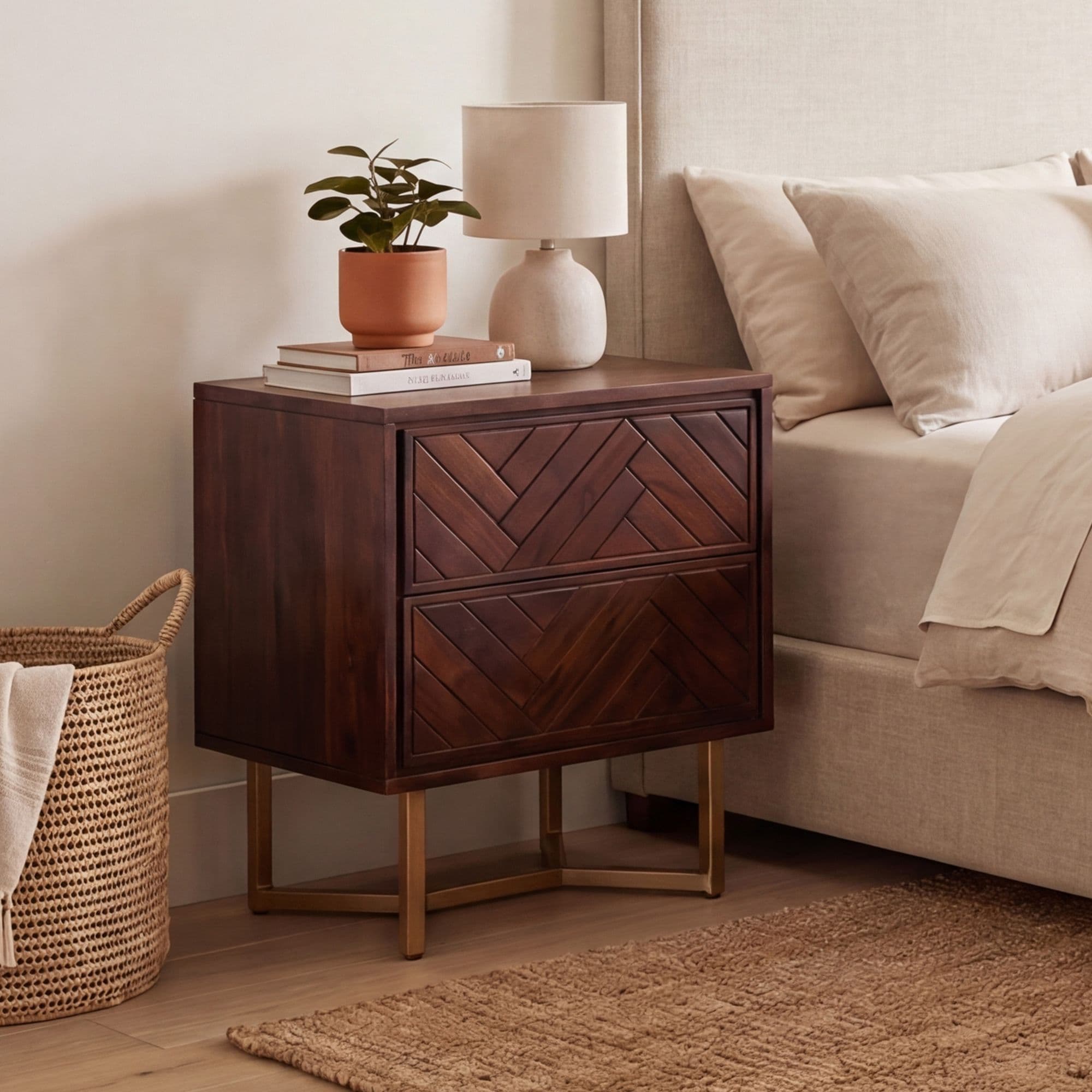FineBuy Nachttisch Akazie Massivholz Braun mit 2 Schubladen & goldenem Metallgestell – Nachtkommode modern, Nachtkästchen für Boxspringbett – 45x40x57 cm