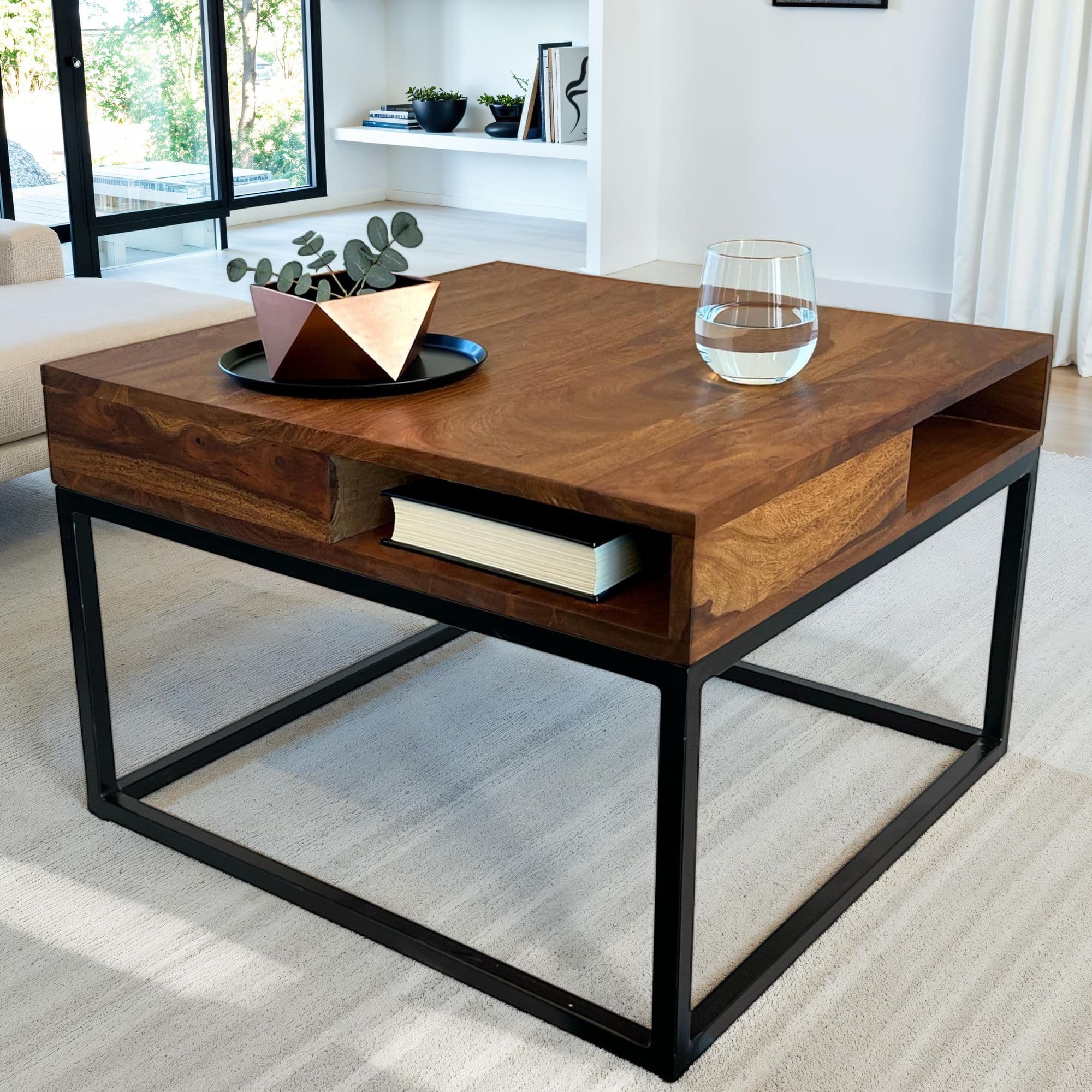 FineBuy Couchtisch Sheesham Massivholz 60x60 cm · Quadratischer Wohnzimmertisch mit Ablagen · Naturfarbener Holztisch mit stabilem Metallgestell im modernen Design