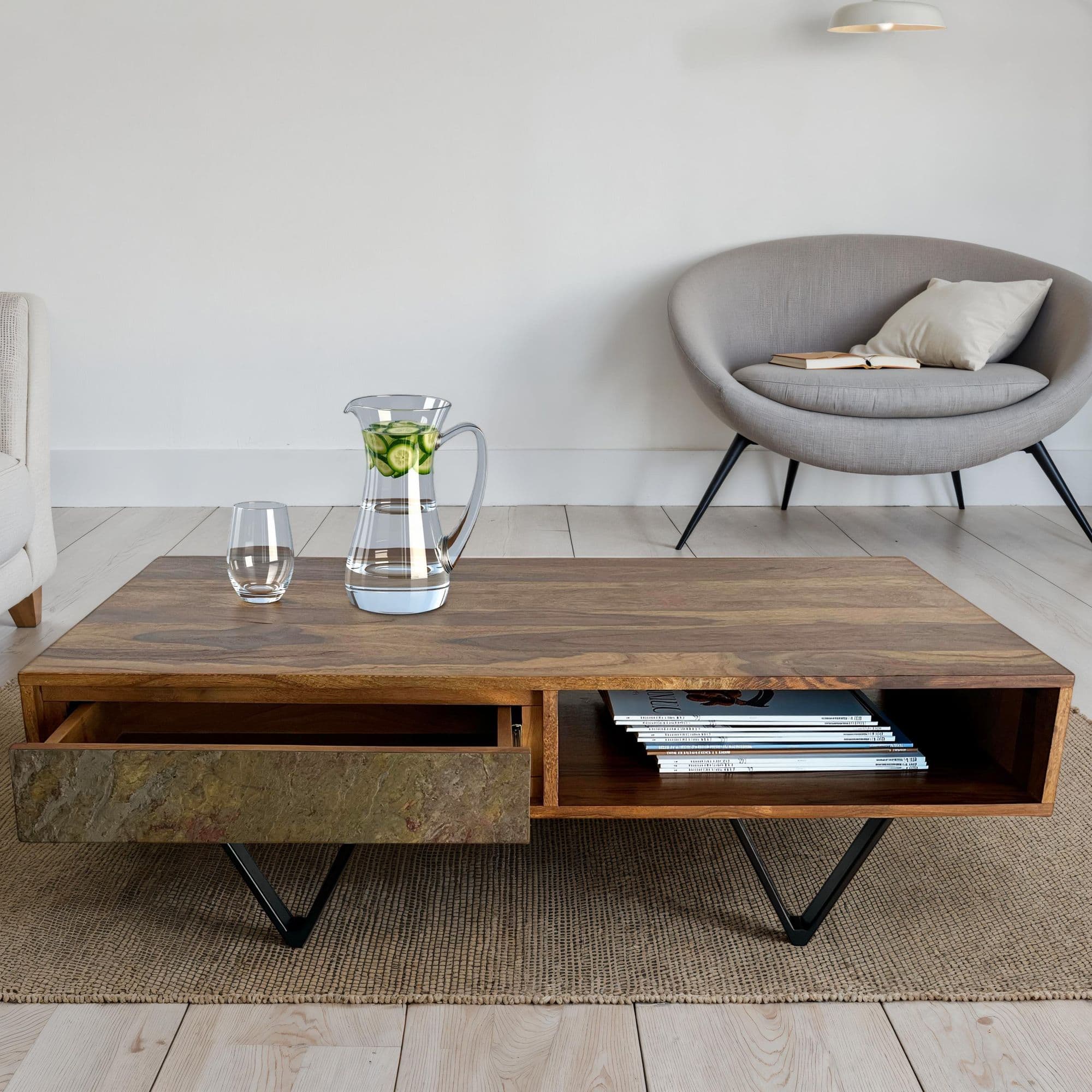 FineBuy Couchtisch rechteckig Sheesham Massivholz 115 cm, Wohnzimmertisch mit 2 Schubladen & Ablagefach, Steinoptik Front, Metallgestell Schwarz